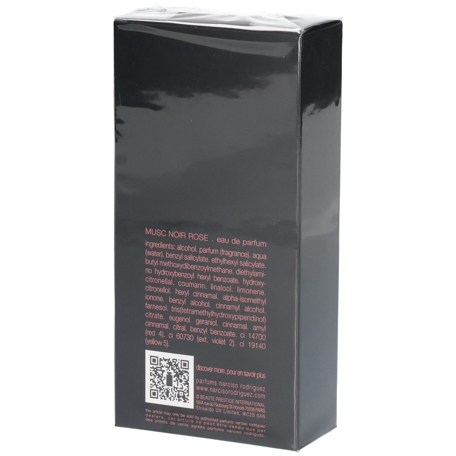 Arrière de la boîte de Narciso Rodriguez For Her Musc Noir Rose Eau de Parfum avec ingrédients.
