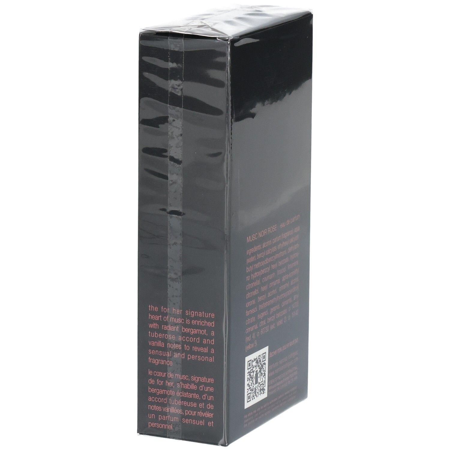 Côté de la boîte de Narciso Rodriguez For Her Musc Noir Rose Eau de Parfum avec description.