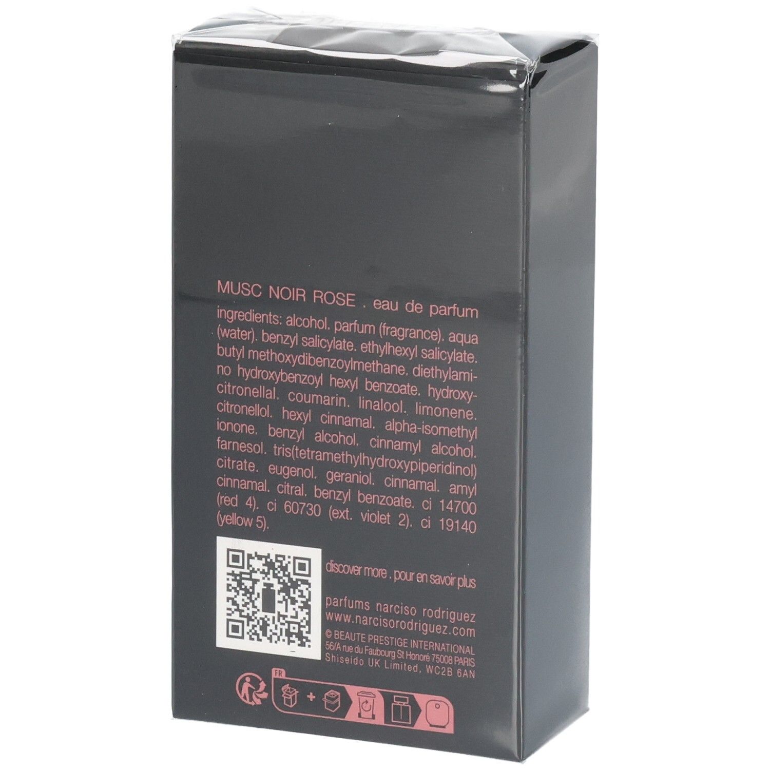 Arrière de la boîte Narciso Rodriguez For Her Musc Noir Rose Eau de Parfum avec ingrédients.