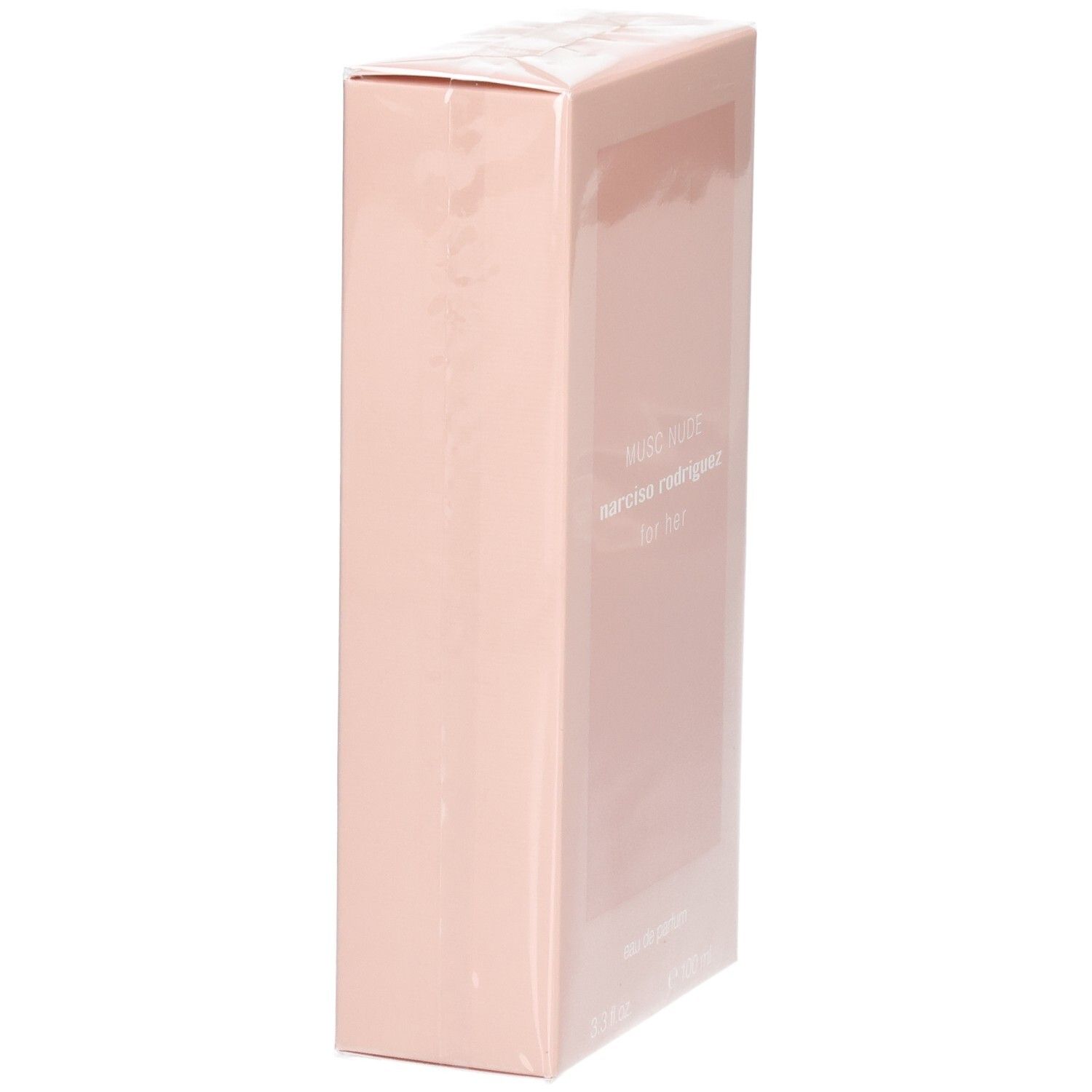Vue latérale de la boîte de Narciso Rodriguez For Her Musc Nude Eau de Parfum.