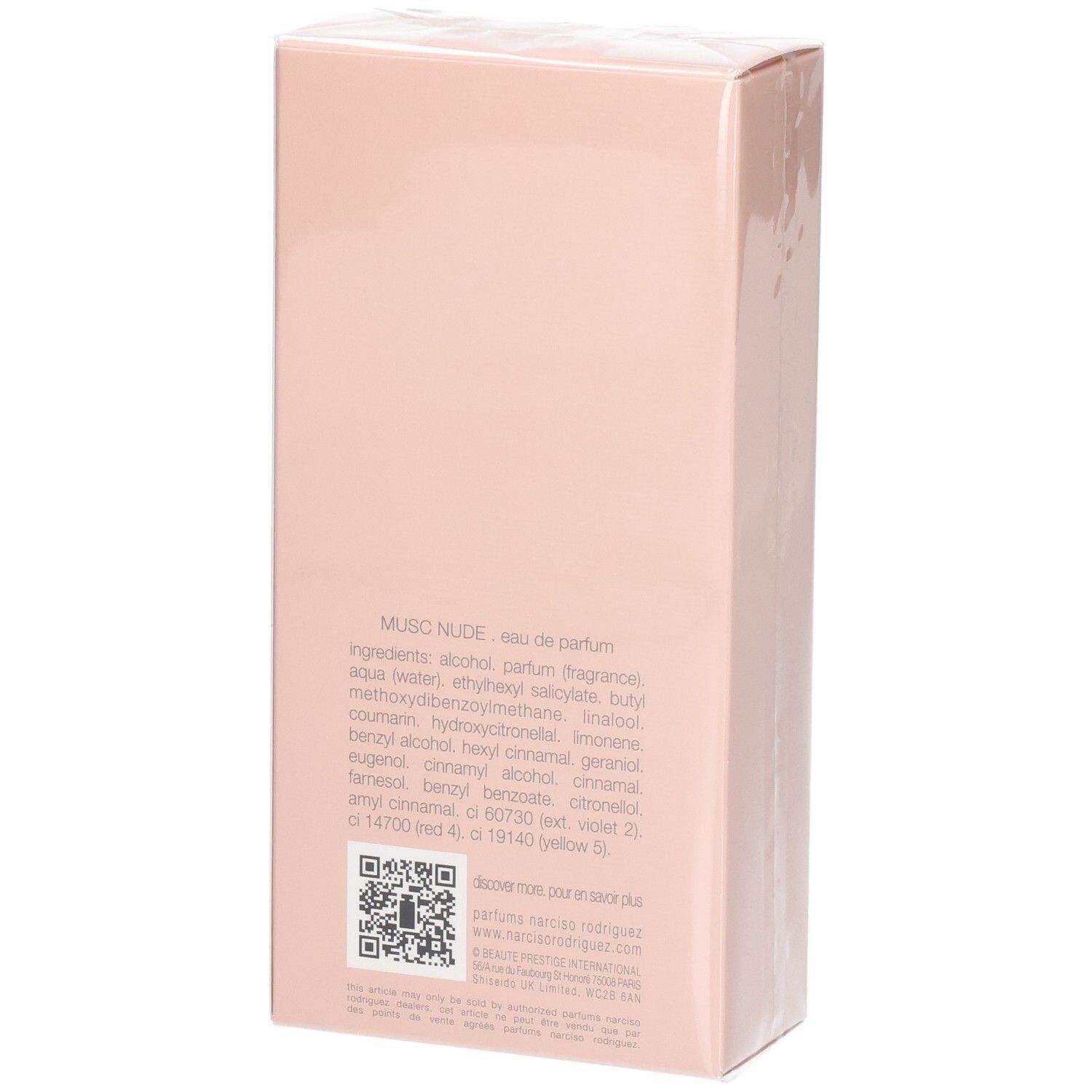 Arrière de la boîte avec ingrédients et code QR pour Narciso Rodriguez For Her Musc Nude.