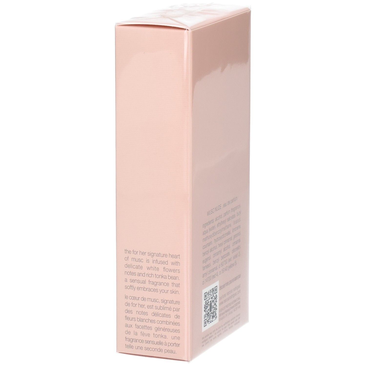 Vue latérale de la boîte avec description du parfum Narciso Rodriguez For Her Musc Nude.