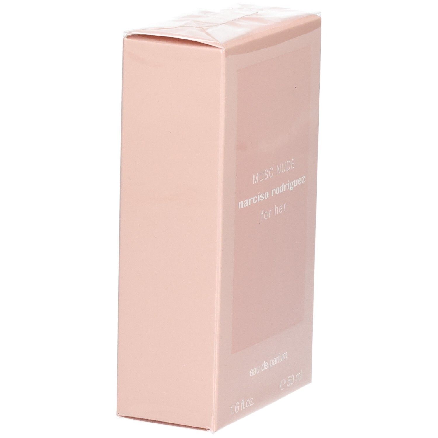 Vue latérale de la boîte de Narciso Rodriguez For Her Musc Nude Eau de Parfum.