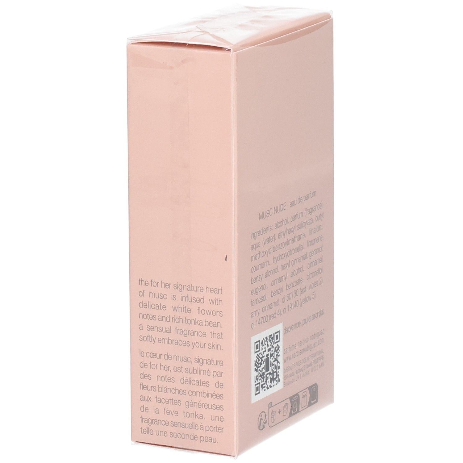 Côté de la boîte avec description du parfum Narciso Rodriguez For Her Musc Nude Eau de Parfum.