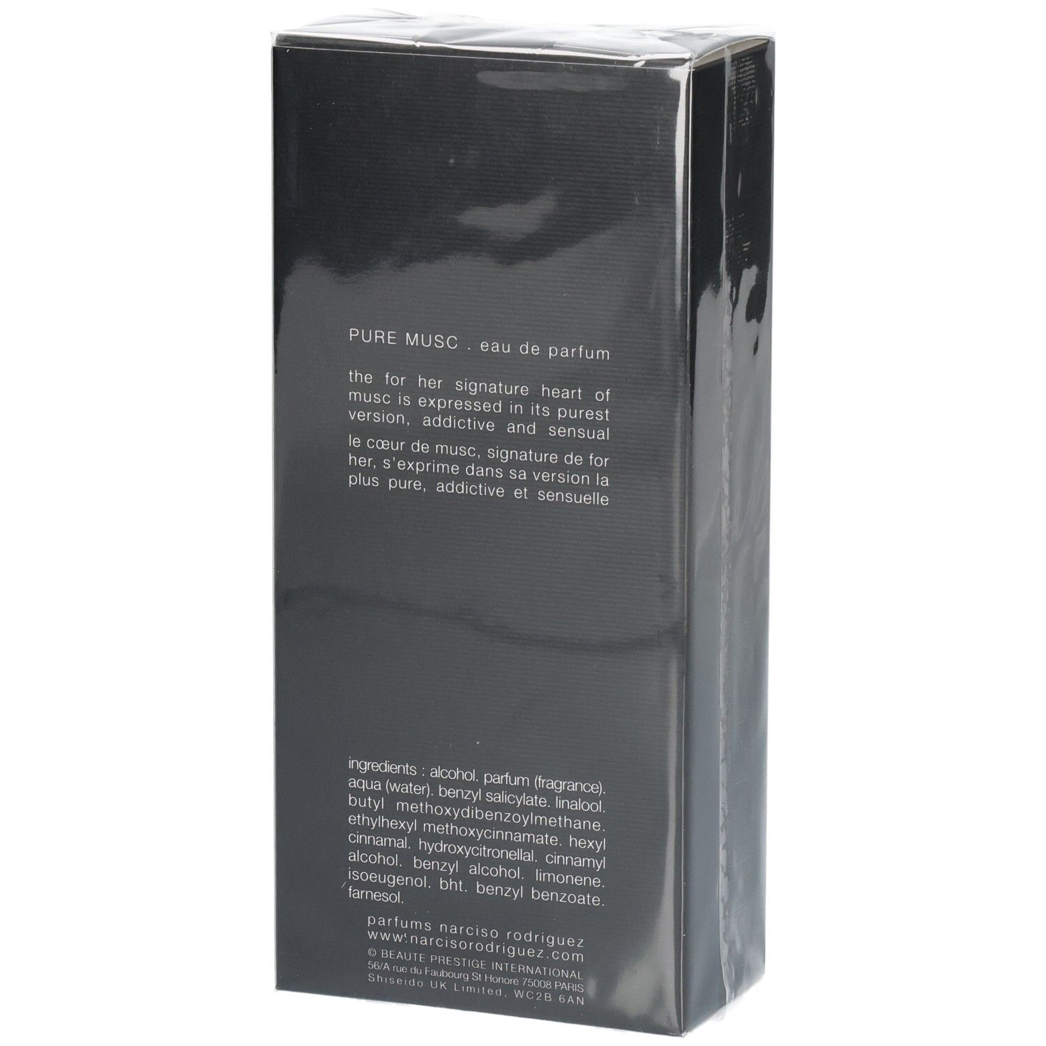 Boîte de 'Pure Musc Eau de Parfum' avec informations produit et ingrédients.