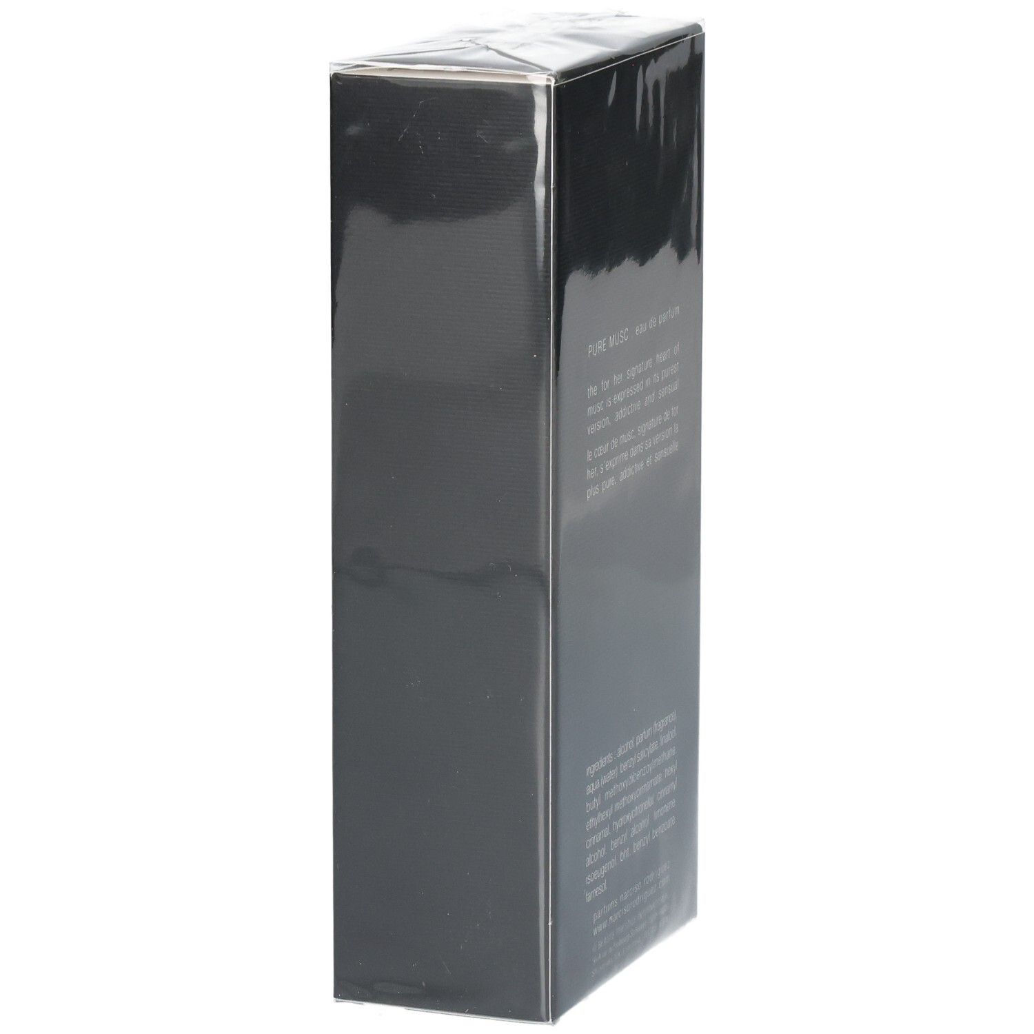 Boîte rectangulaire noire avec du texte sur un côté, emballée dans du film plastique.