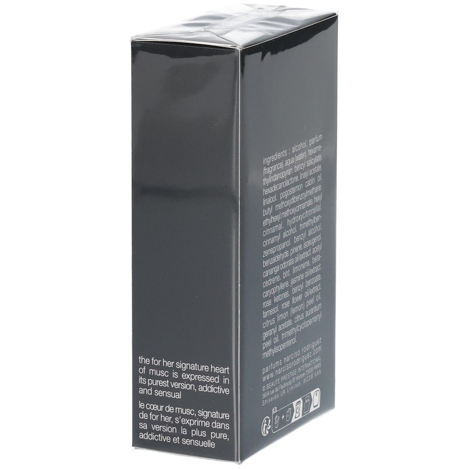 Côté de l'emballage du parfum Narciso Rodriguez For Her Pure Musc Eau de Parfum avec description.