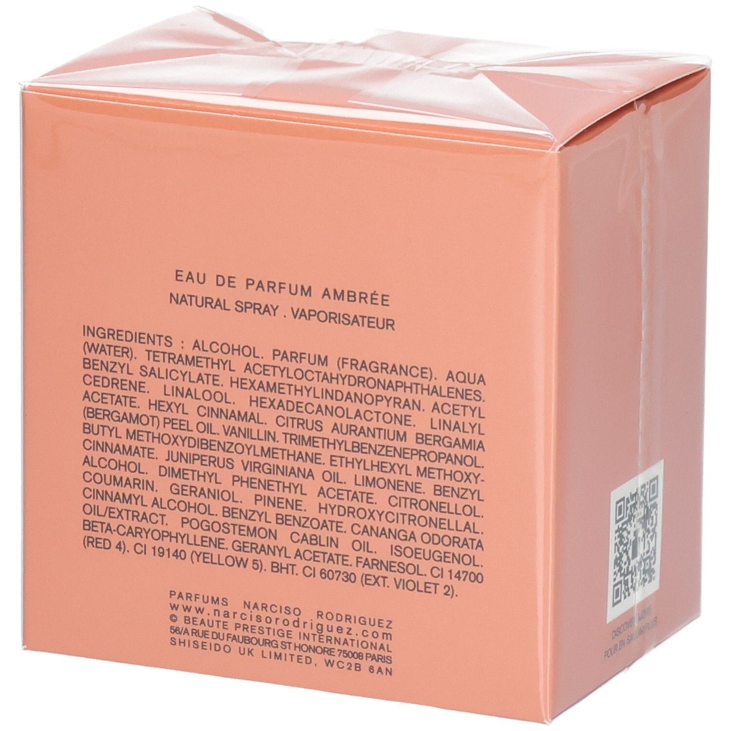 Arrière de l'emballage du parfum Narciso Rodriguez Eau de Parfum Ambrée avec ingrédients.