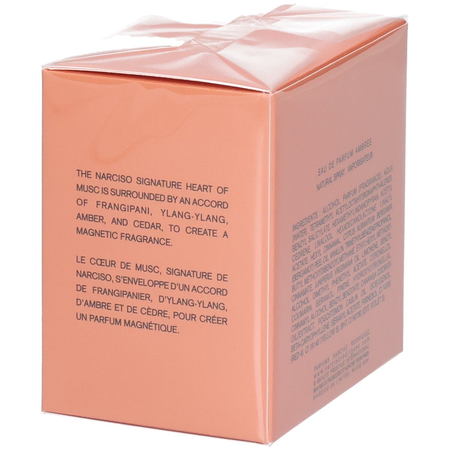 Côté de l'emballage du parfum Narciso Rodriguez Eau de Parfum Ambrée avec description.