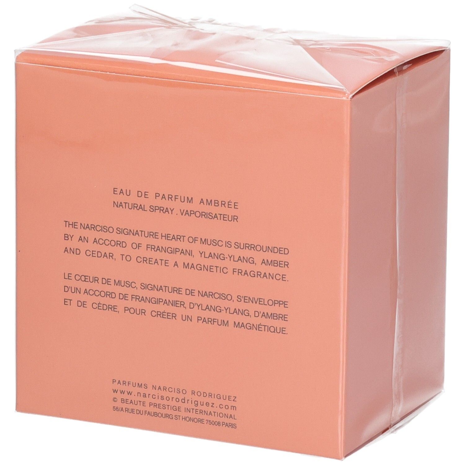 Arrière de l'emballage du vaporisateur naturel Narciso Ambrée Eau de Parfum.