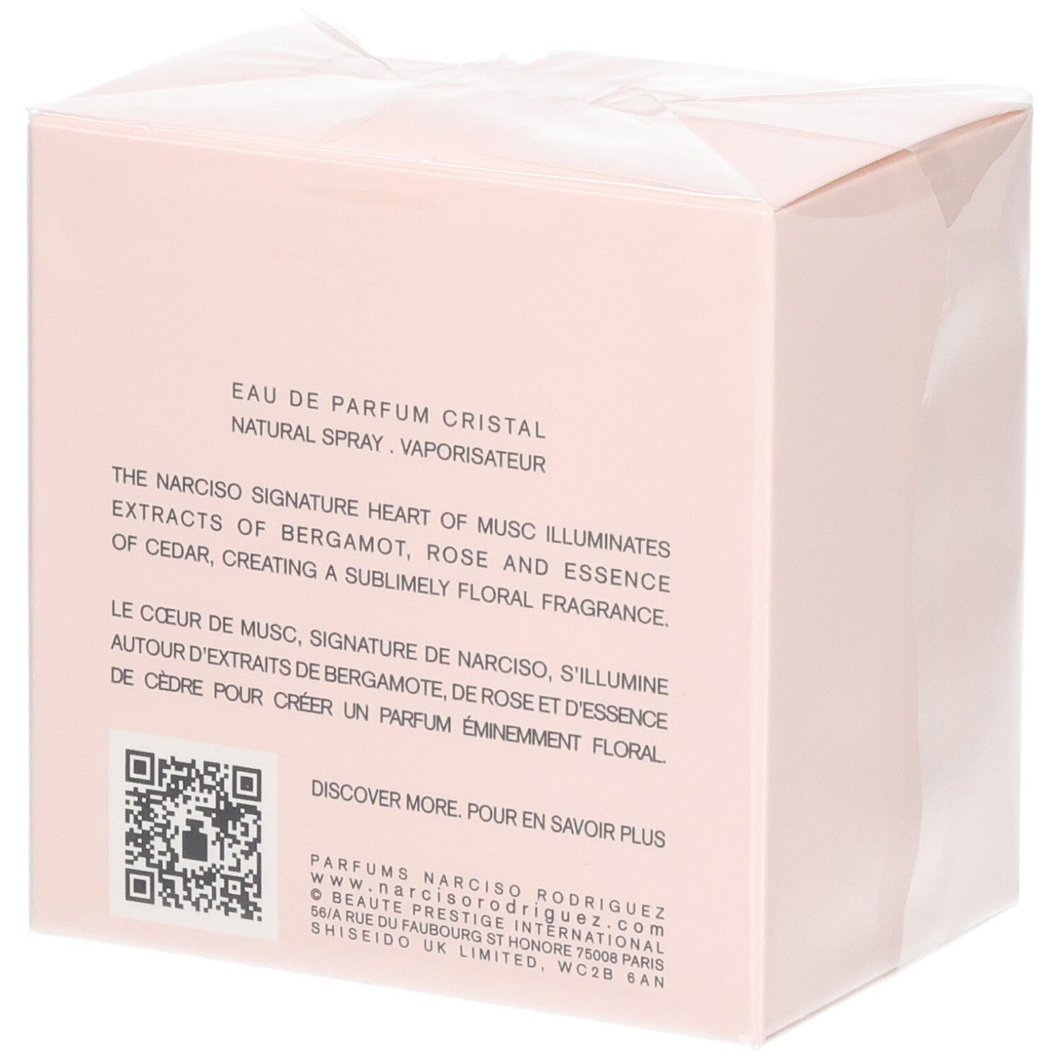 Arrière de l'emballage de Narciso Rodriguez Eau de Parfum Cristal, 50 ml, avec description du produit.
