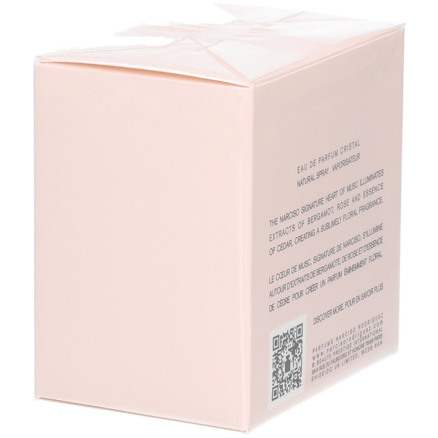 Arrière de l'emballage de Narciso Rodriguez Eau de Parfum Cristal, 50 ml, avec description du produit.
