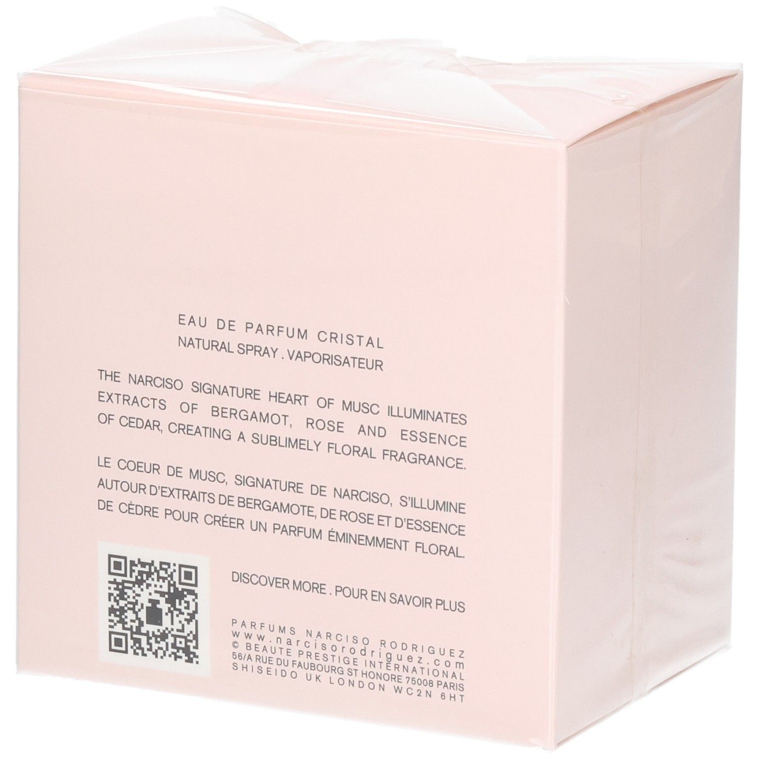 Arrière de la boîte Narciso Cristal Eau de Parfum avec informations produit.