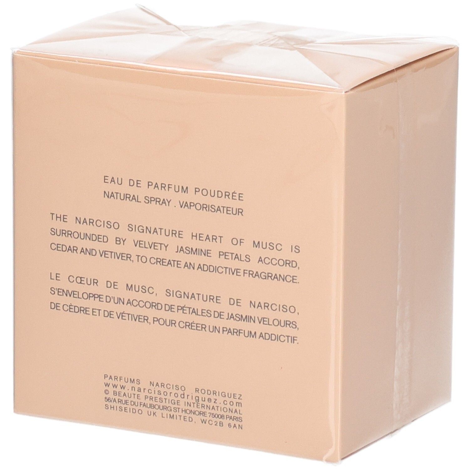 Arrière de la boîte Narciso Rodriguez Narciso Poudrée Eau de Parfum avec description.