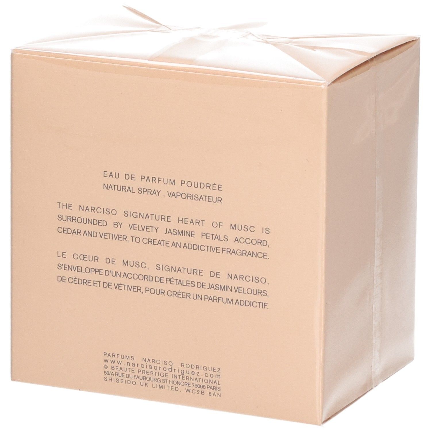 Arrière de la boîte de Narciso Rodriguez Eau de Parfum Poudrée avec description du parfum.