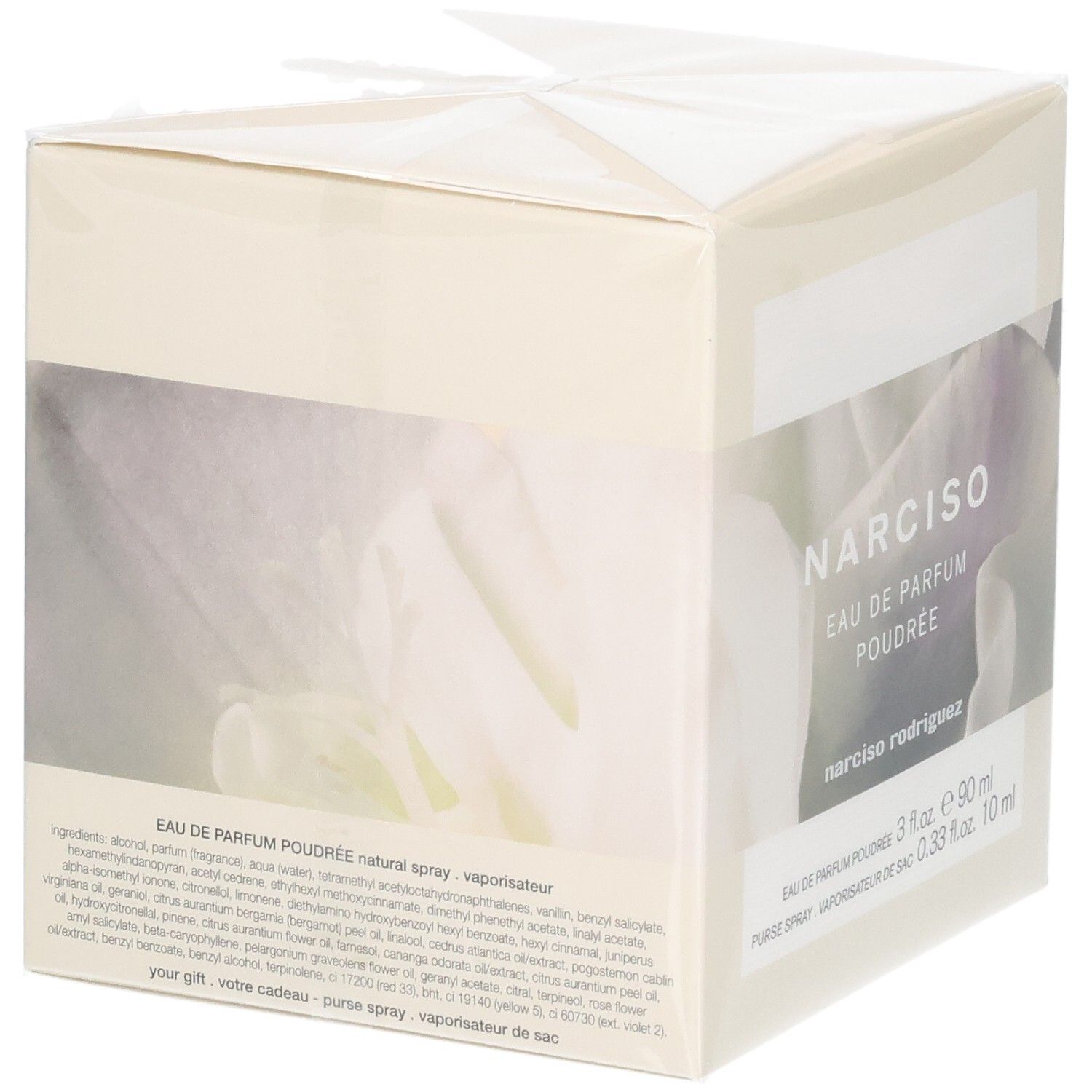 Arrière du coffret Narciso Rodriguez Eau de Parfum Poudrée 90 ml et vaporisateur de sac 10 ml.