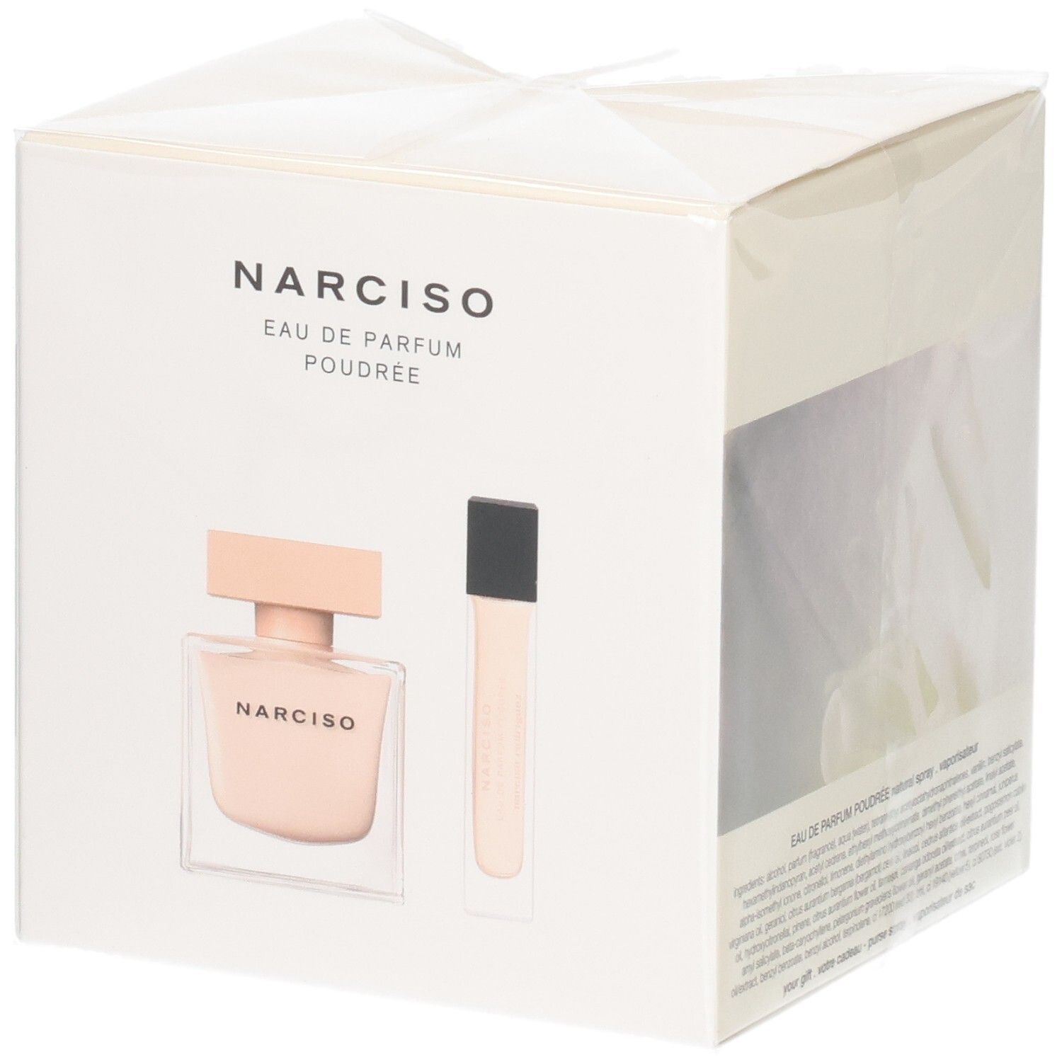 Coffret Narciso Rodriguez avec flacon d'Eau de Parfum Poudrée et vaporisateur de sac.