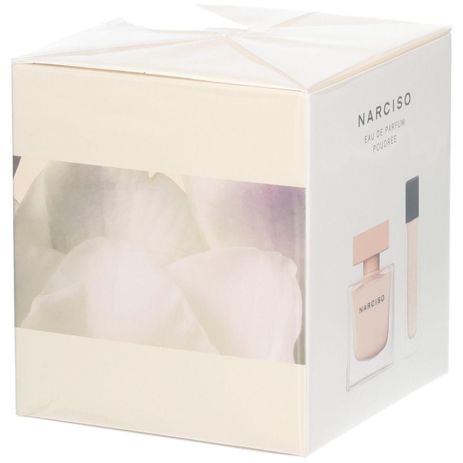 Coffret Narciso Rodriguez avec fenêtre sur l'Eau de Parfum Poudrée et le vaporisateur de sac.