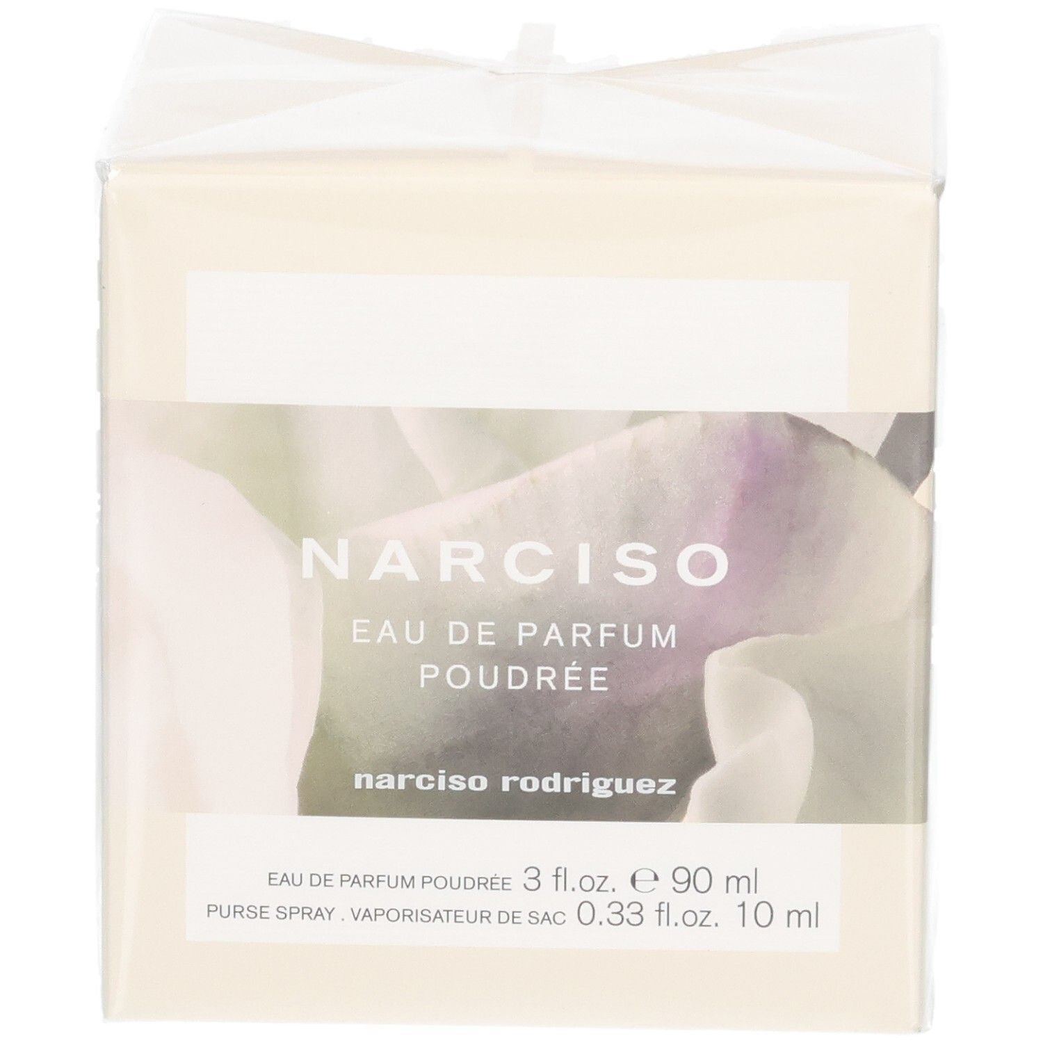 Face avant du coffret Narciso Rodriguez Eau de Parfum Poudrée 90 ml et vaporisateur de sac 10 ml.