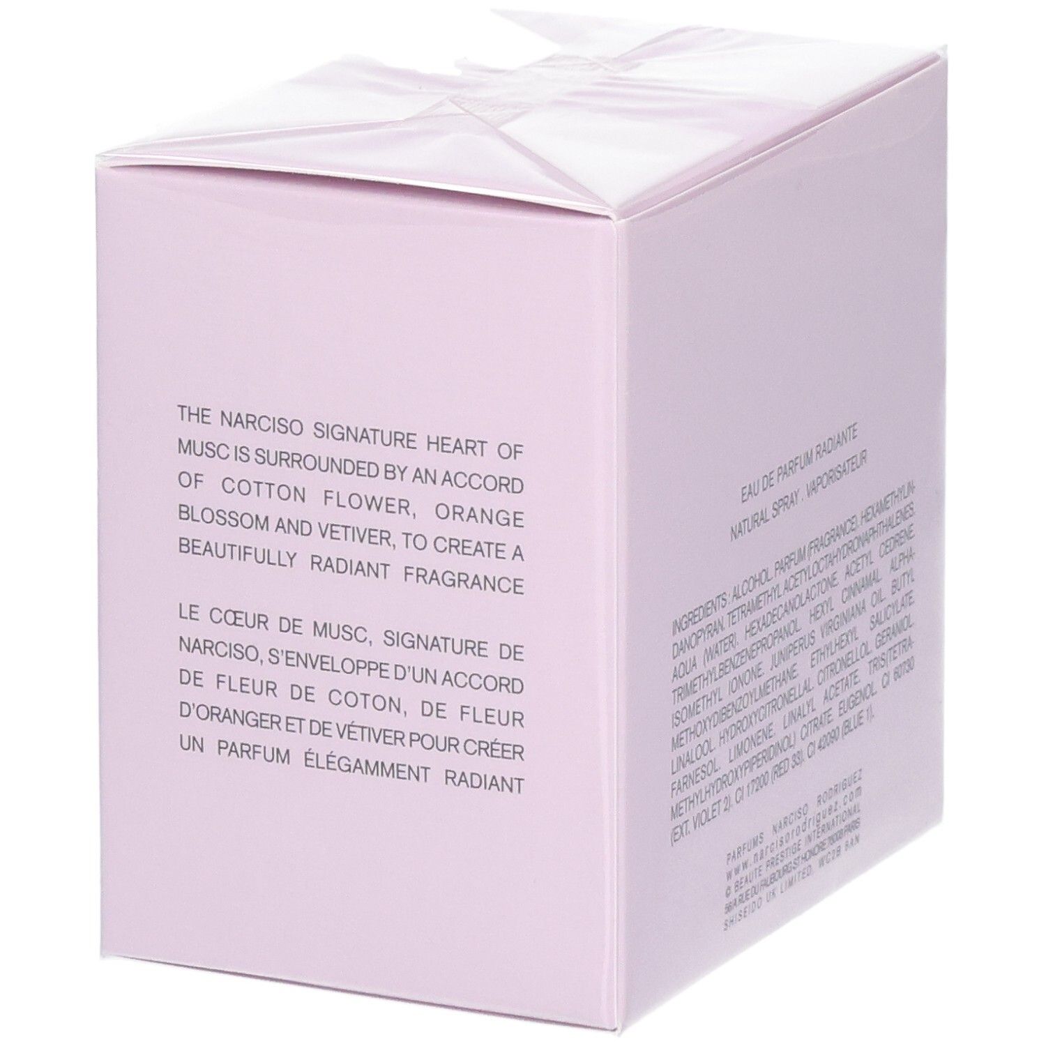 Côté de la boîte Narciso Rodriguez Narciso Radiante Eau de Parfum avec description du parfum.