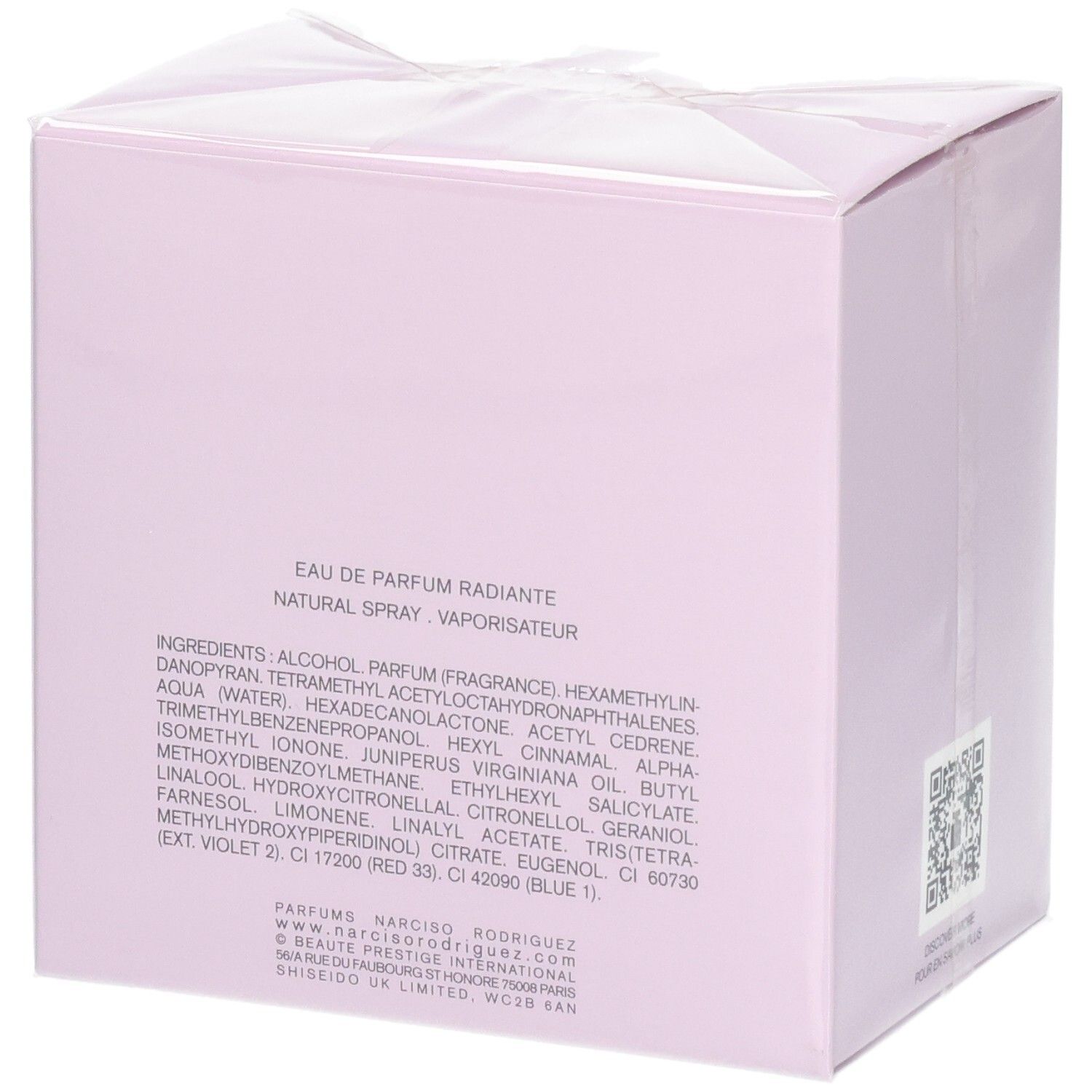 Arrière de la boîte de Narciso Rodriguez Narciso Radiante Eau de Parfum avec ingrédients.