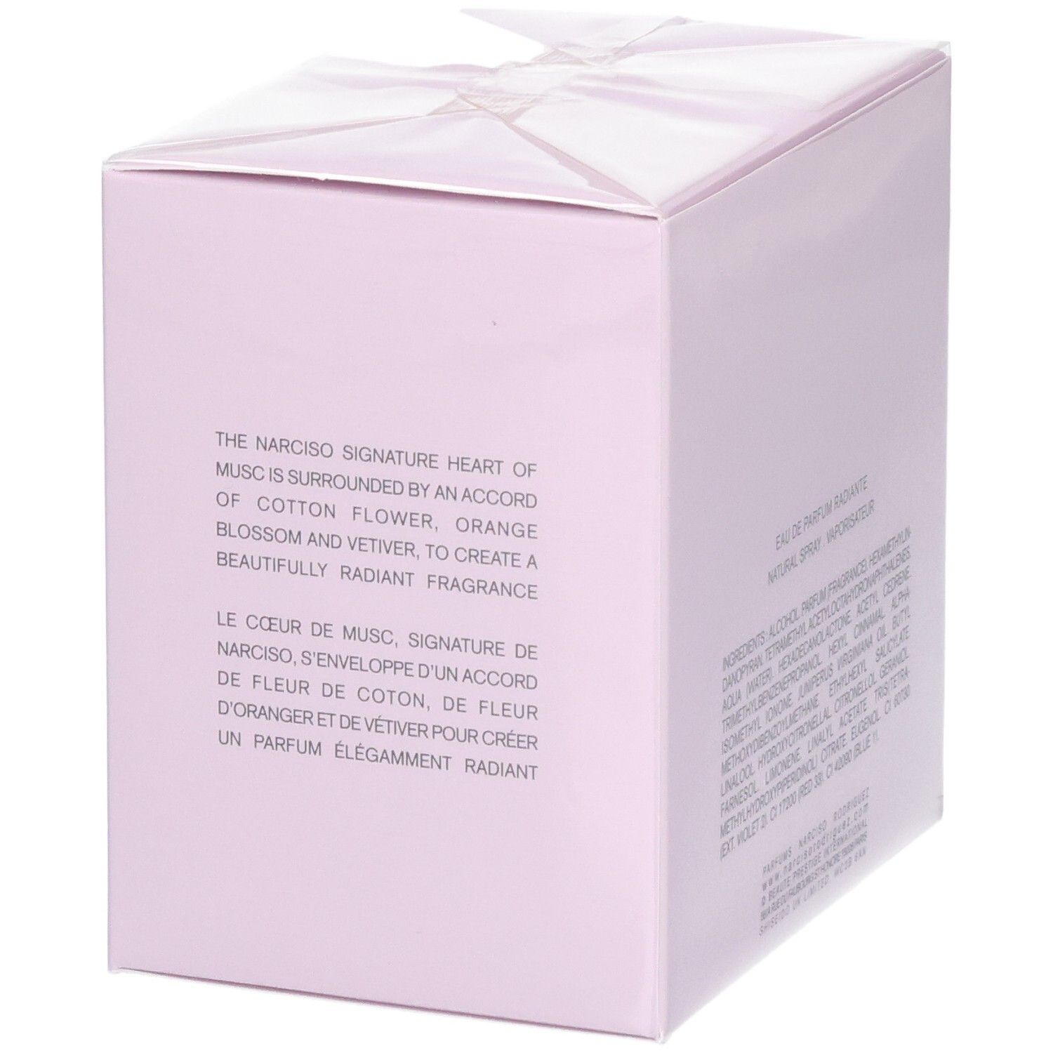 Côté de la boîte de Narciso Rodriguez Narciso Radiante Eau de Parfum avec description.