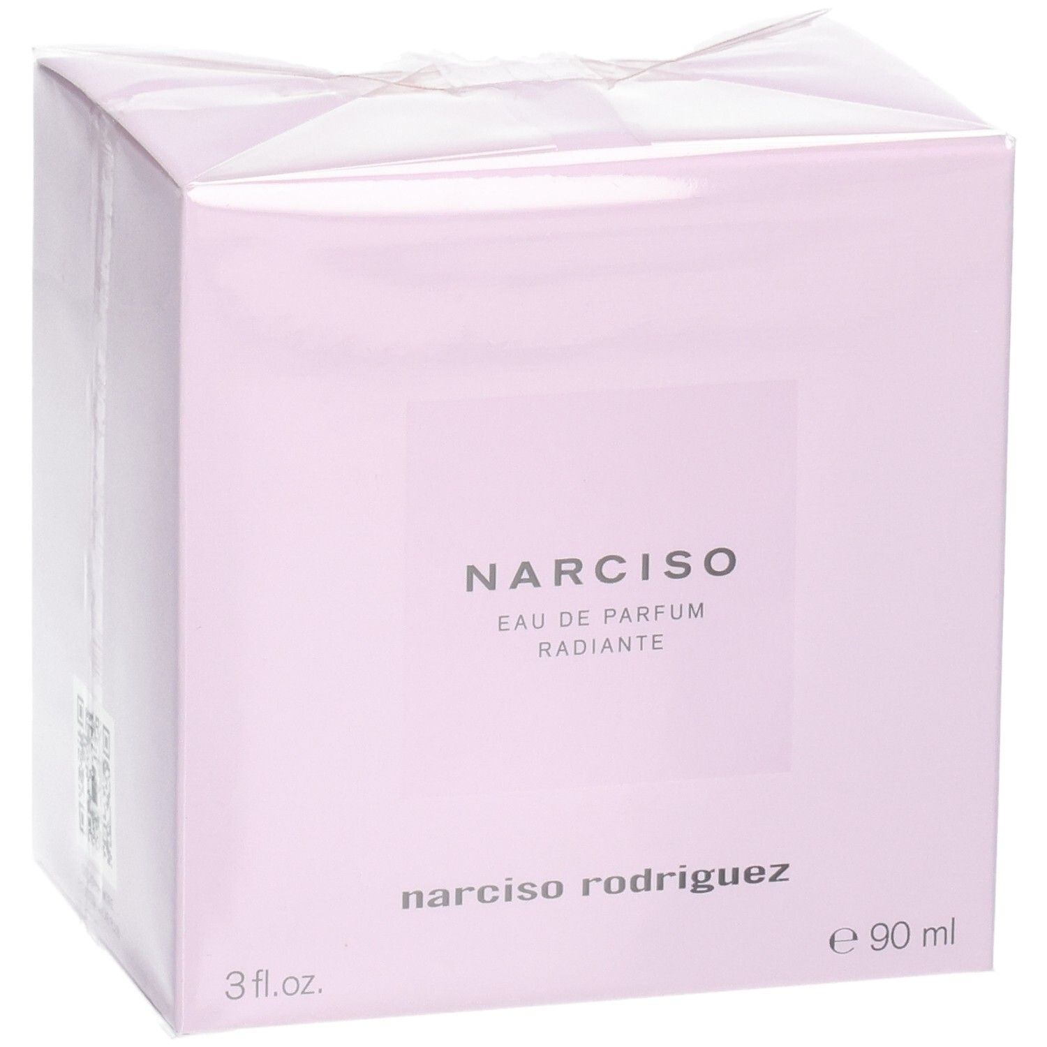 Boîte de Narciso Rodriguez Narciso Radiante Eau de Parfum, 90 ml, vue de trois quarts avant.
