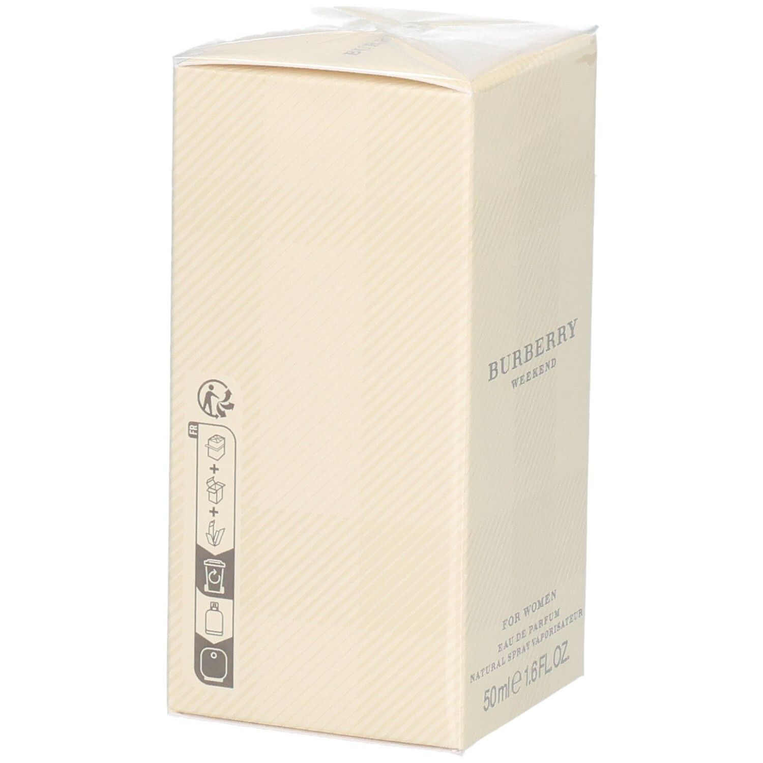 Emballage du Burberry Weekend Eau de Parfum pour femme, 50ml, avec symboles.