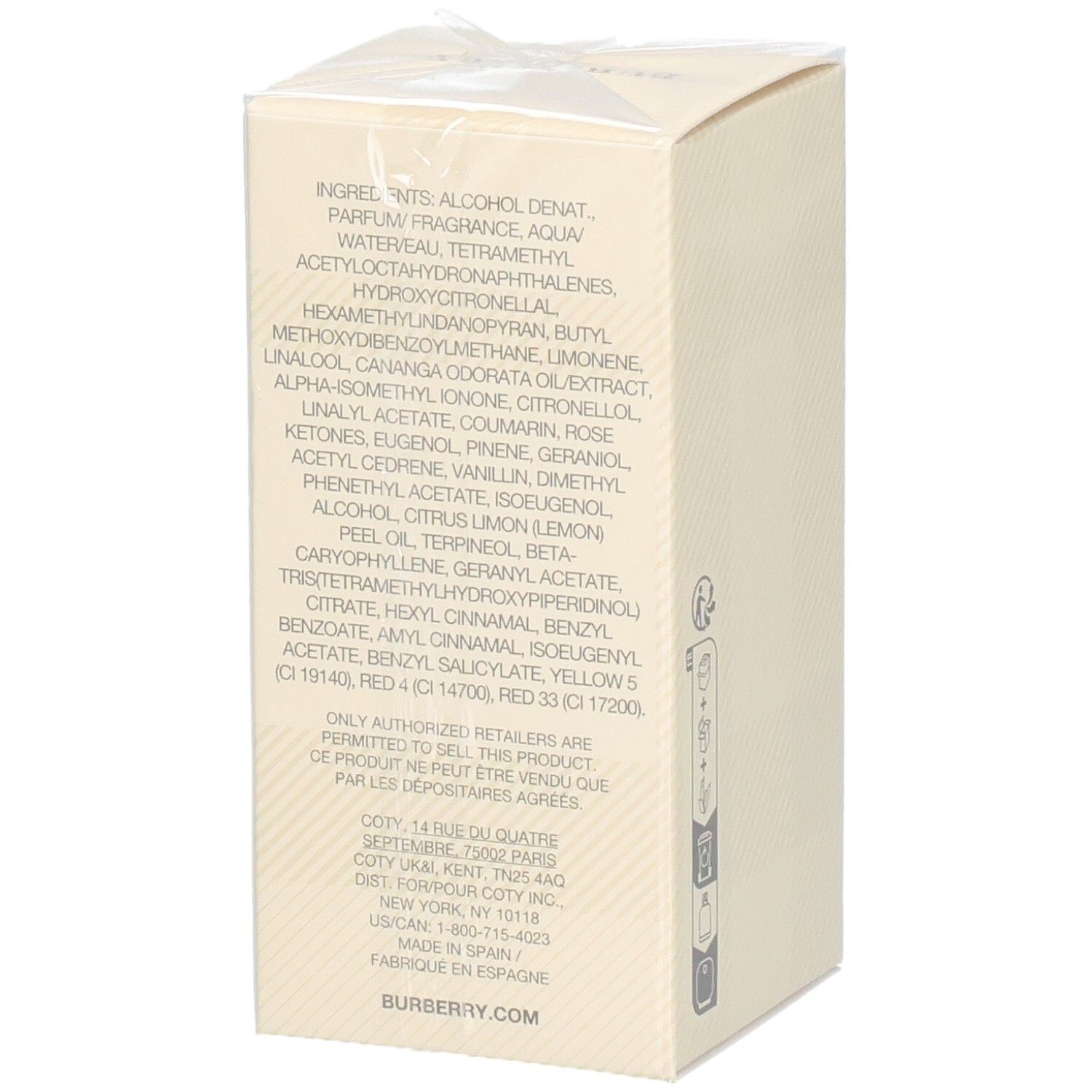 Côté de l'emballage du Burberry Weekend Eau de Parfum pour femme, 50ml, avec ingrédients.