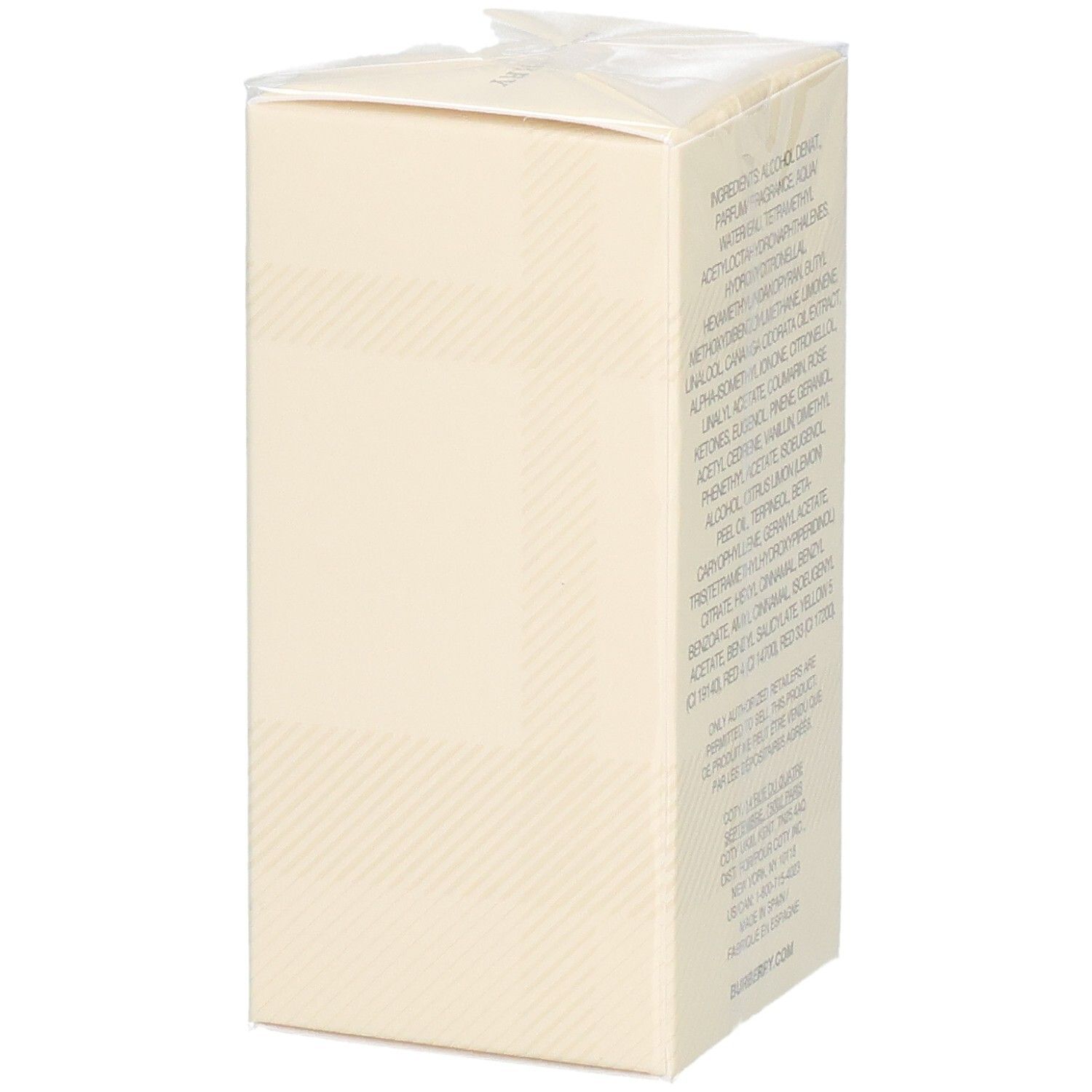 Côté de l'emballage du Burberry Weekend Eau de Parfum pour femme, 50ml, avec ingrédients.
