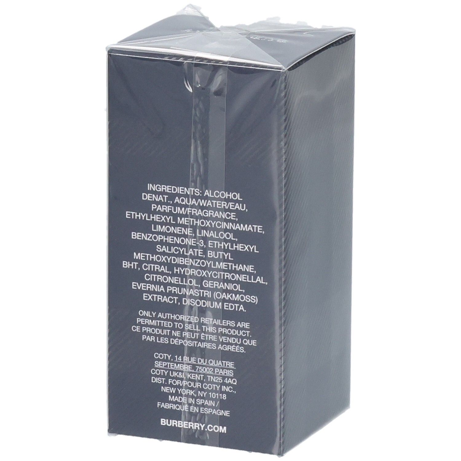 Achterkant van de verpakking van Burberry Weekend Eau de Toilette voor heren met ingrediënten.
