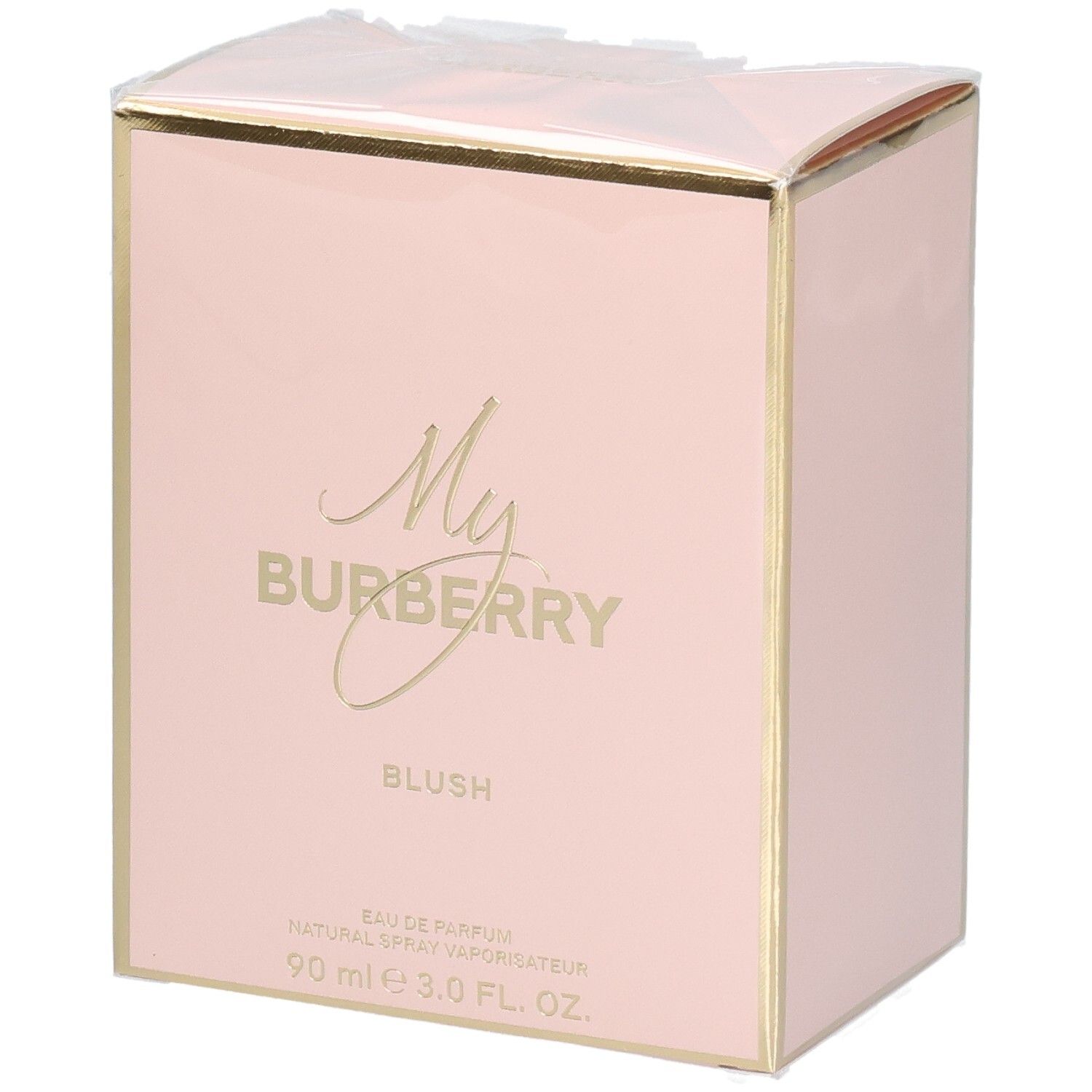 Verpakking van My Burberry Blush Eau de Parfum in roze met gouden accenten.