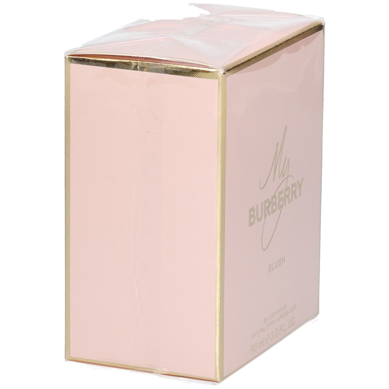 Zijkant van de roze verpakking van My Burberry Blush Eau de Parfum met gouden randen.