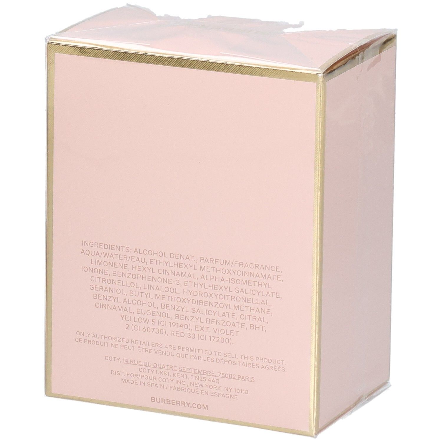Achterkant van de roze verpakking van My Burberry Blush Eau de Parfum met ingrediëntenlijst.