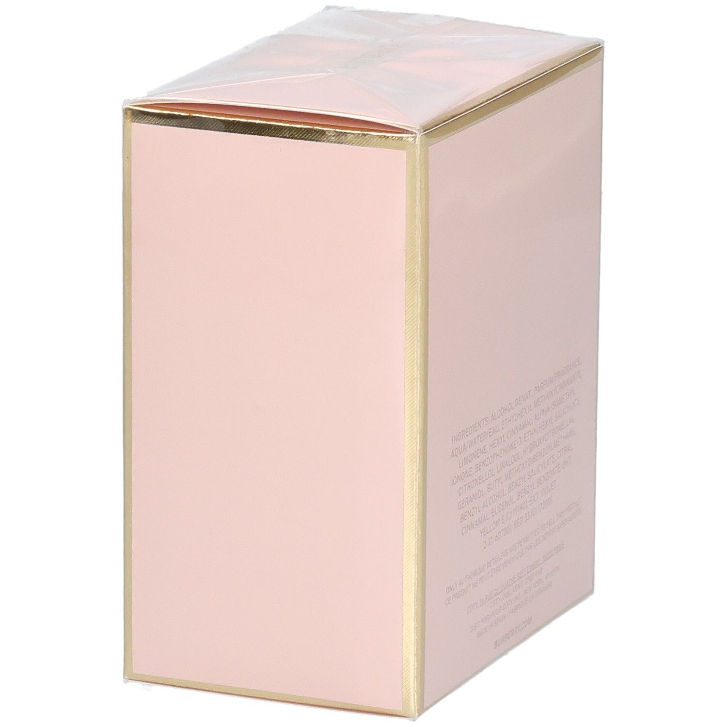 Zijaanzicht van de roze verpakking van My Burberry Blush Eau de Parfum met gouden randen.
