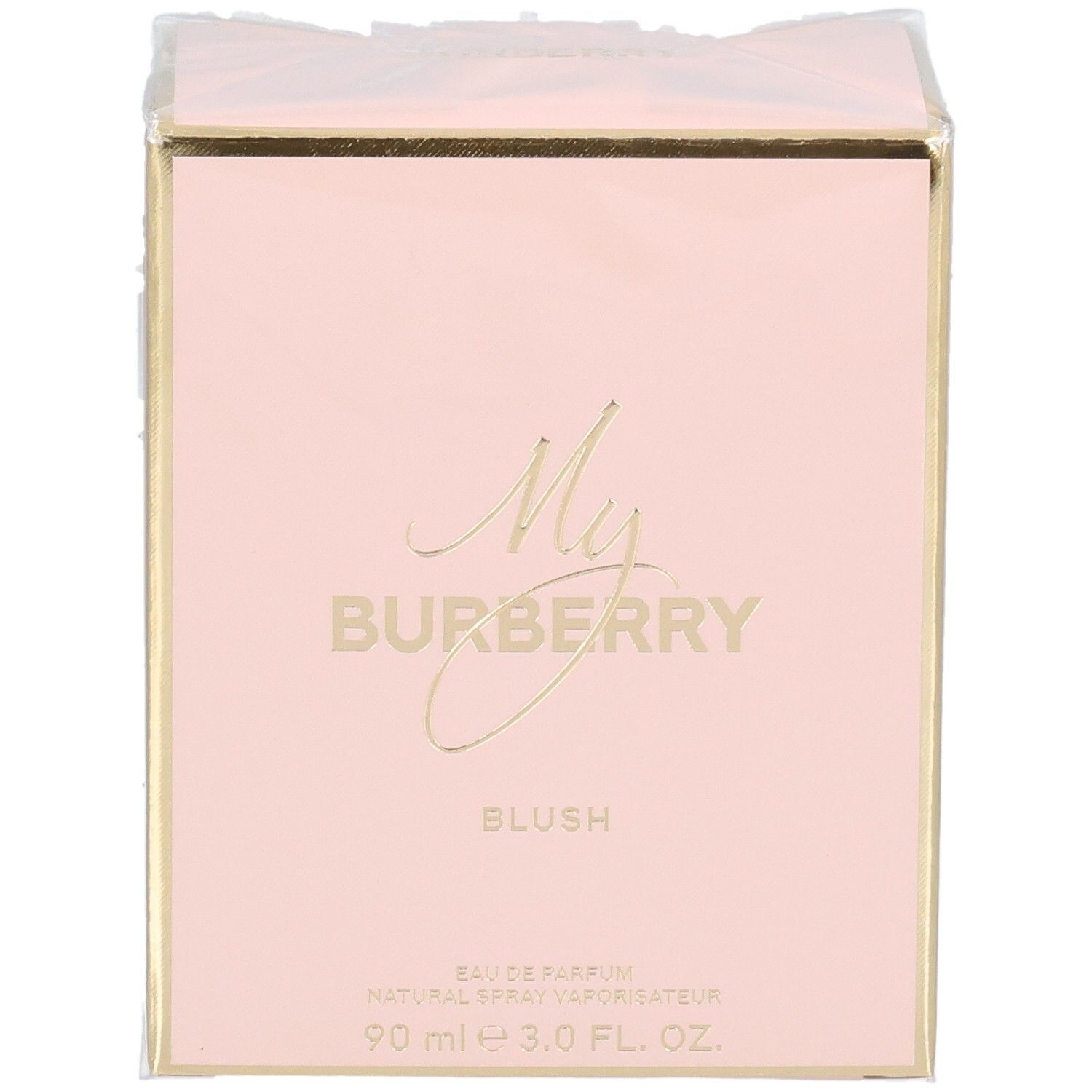 Verpakking van My Burberry Blush Eau de Parfum in roze met gouden accenten en merknaam.