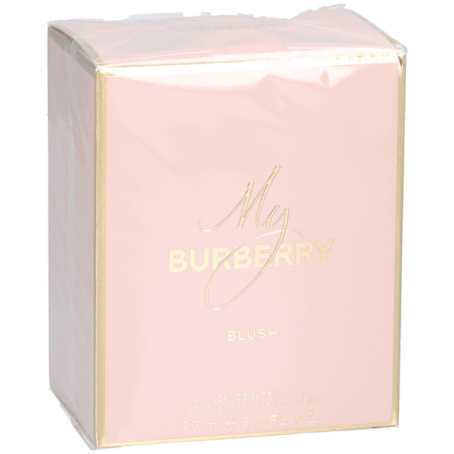 Roze verpakking van My Burberry Blush Eau de Parfum met gouden details en merknaam.