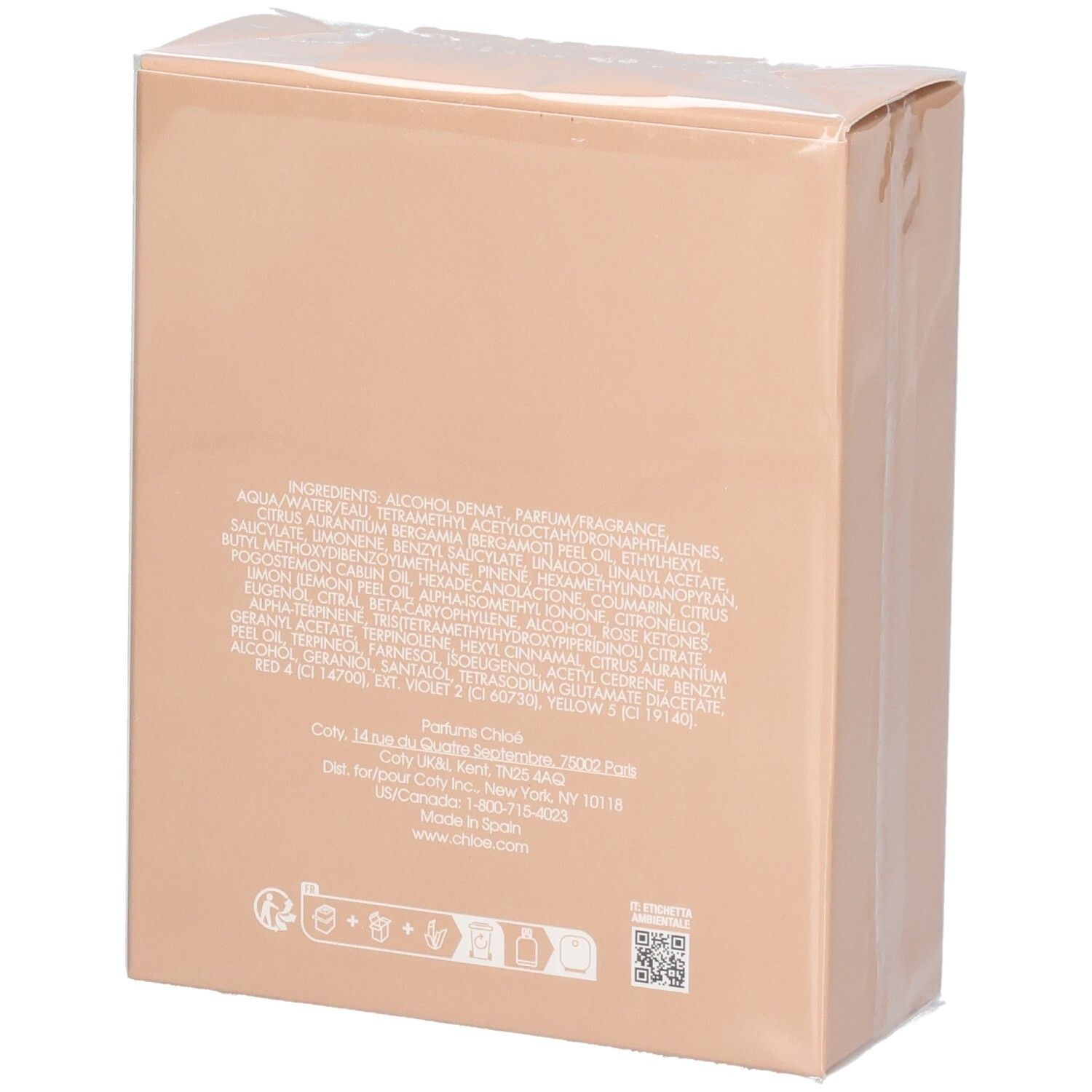 Chloé Nomade Eau de Parfum Spray 75ml emballage, dos avec ingrédients.