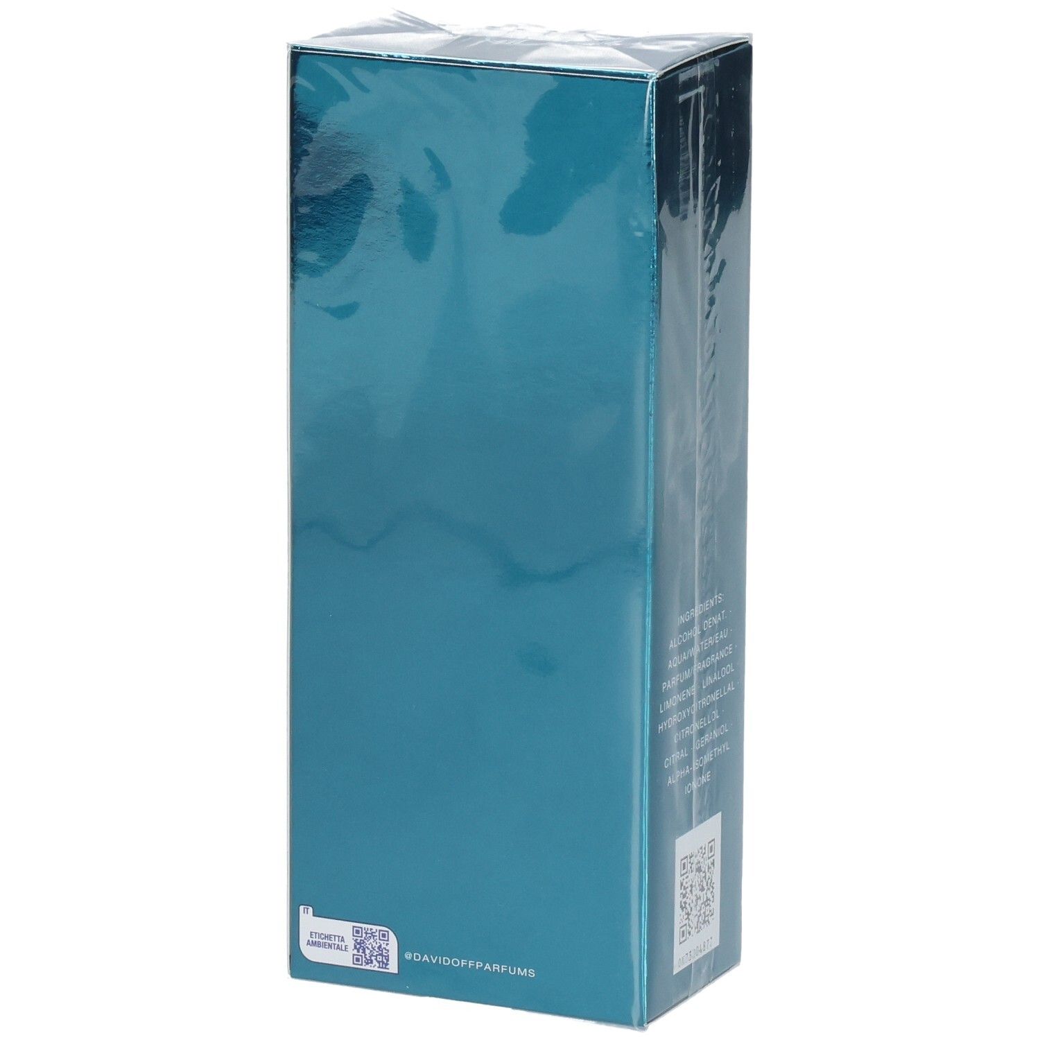 Davidoff Cool Water Man Eau de Toilette, côté avec code QR et hashtag.