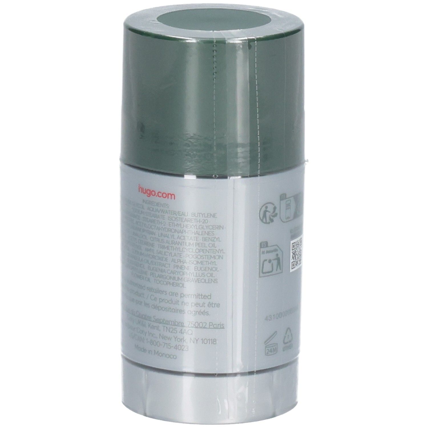 Zijkant van de Hugo Boss Man Deodorant Stick met ingrediënten en website.