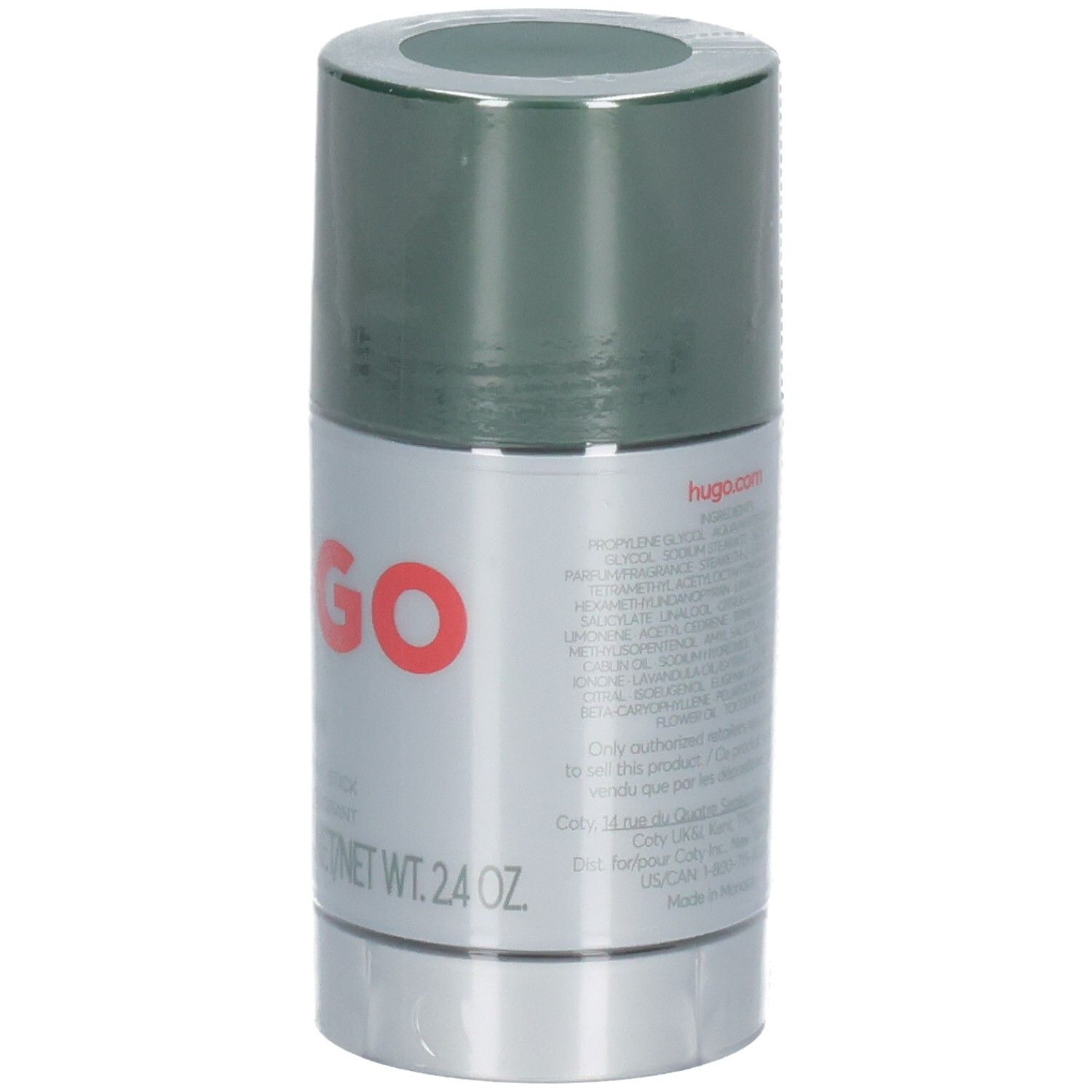 Zijkant van de Hugo Boss Man Deodorant Stick met ingrediënten en land van herkomst.