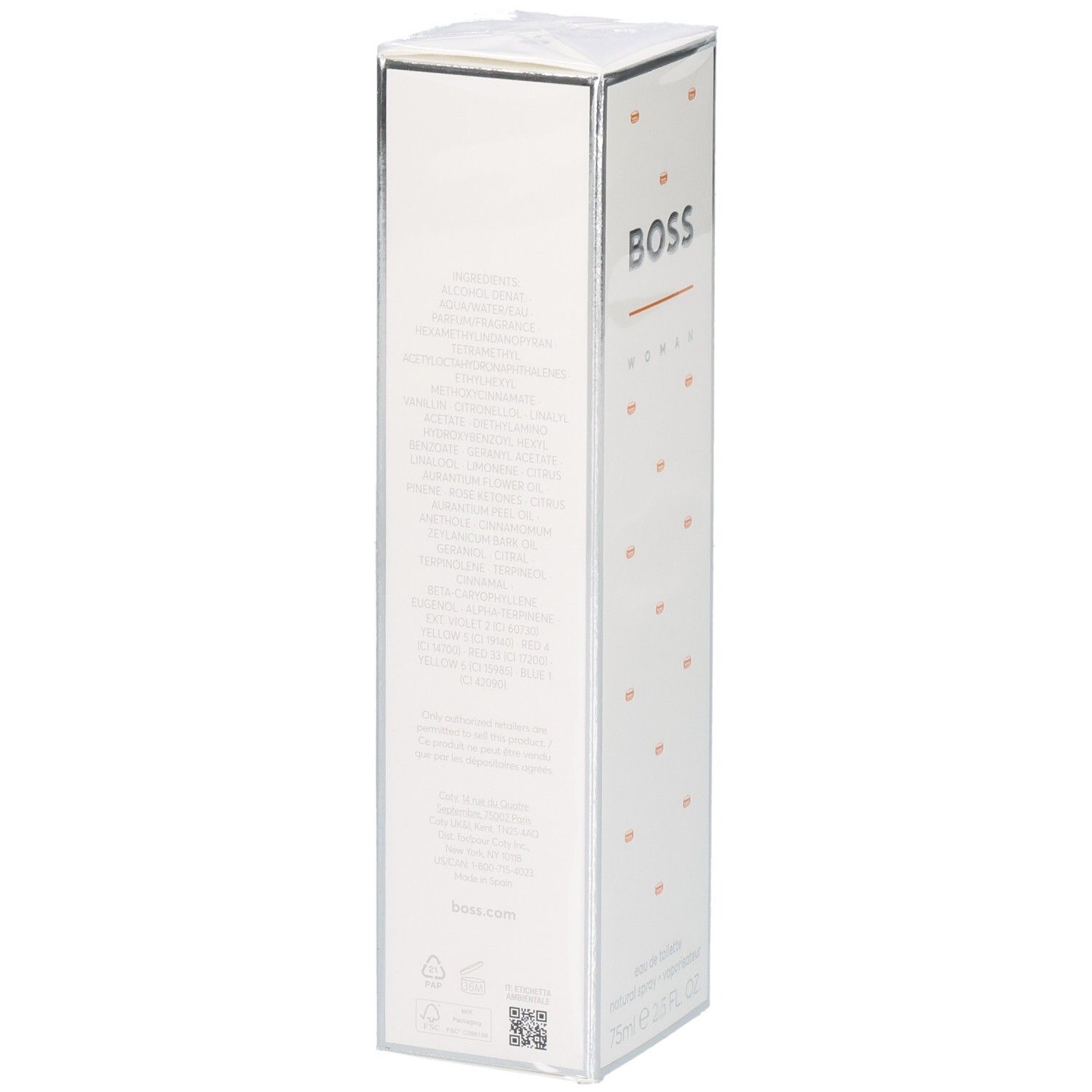 Boîte Hugo Boss Orange Woman Eau de Toilette, verso avec ingrédients.