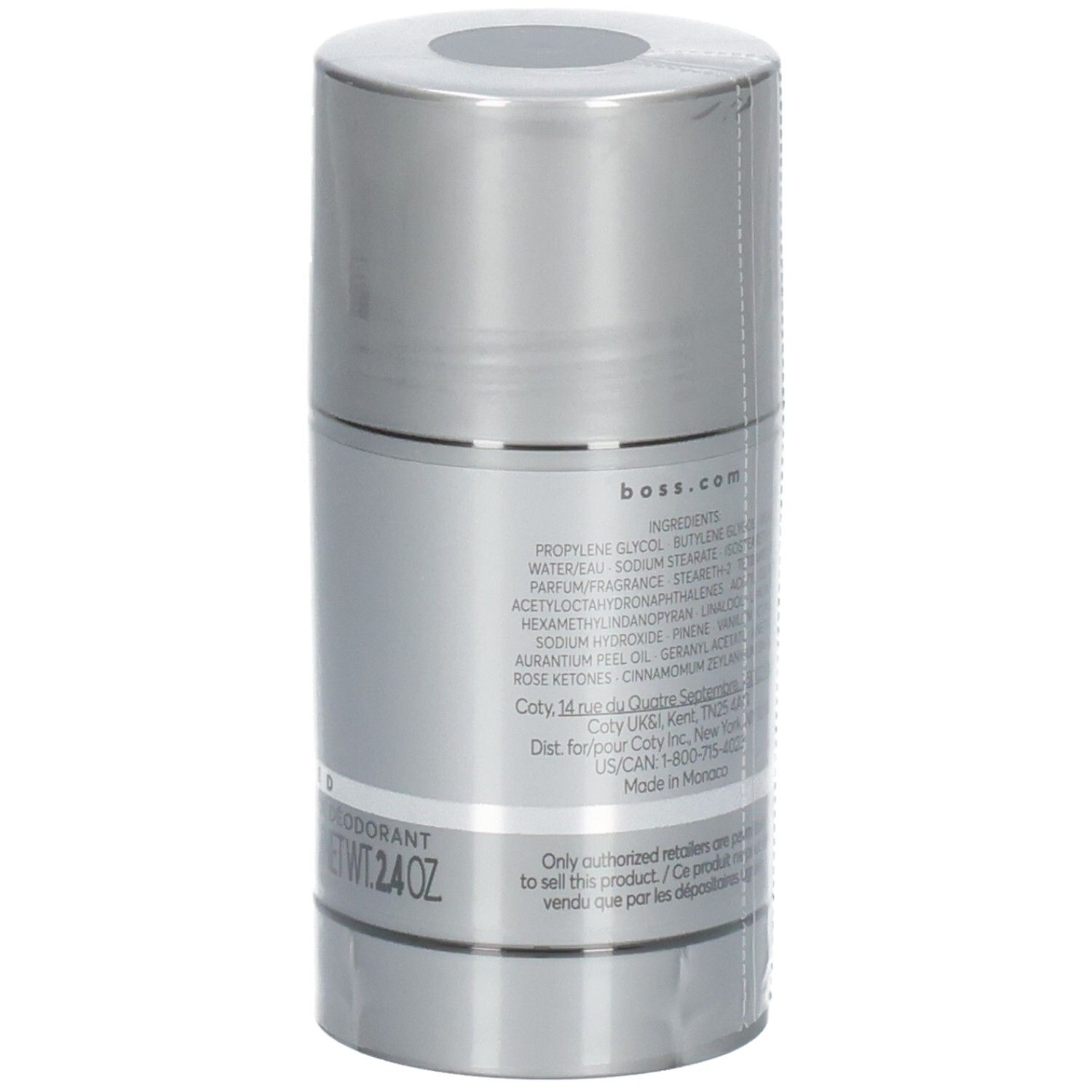 Hugo Boss Bottled Déodorant Stick, dos avec liste des ingrédients et site web.