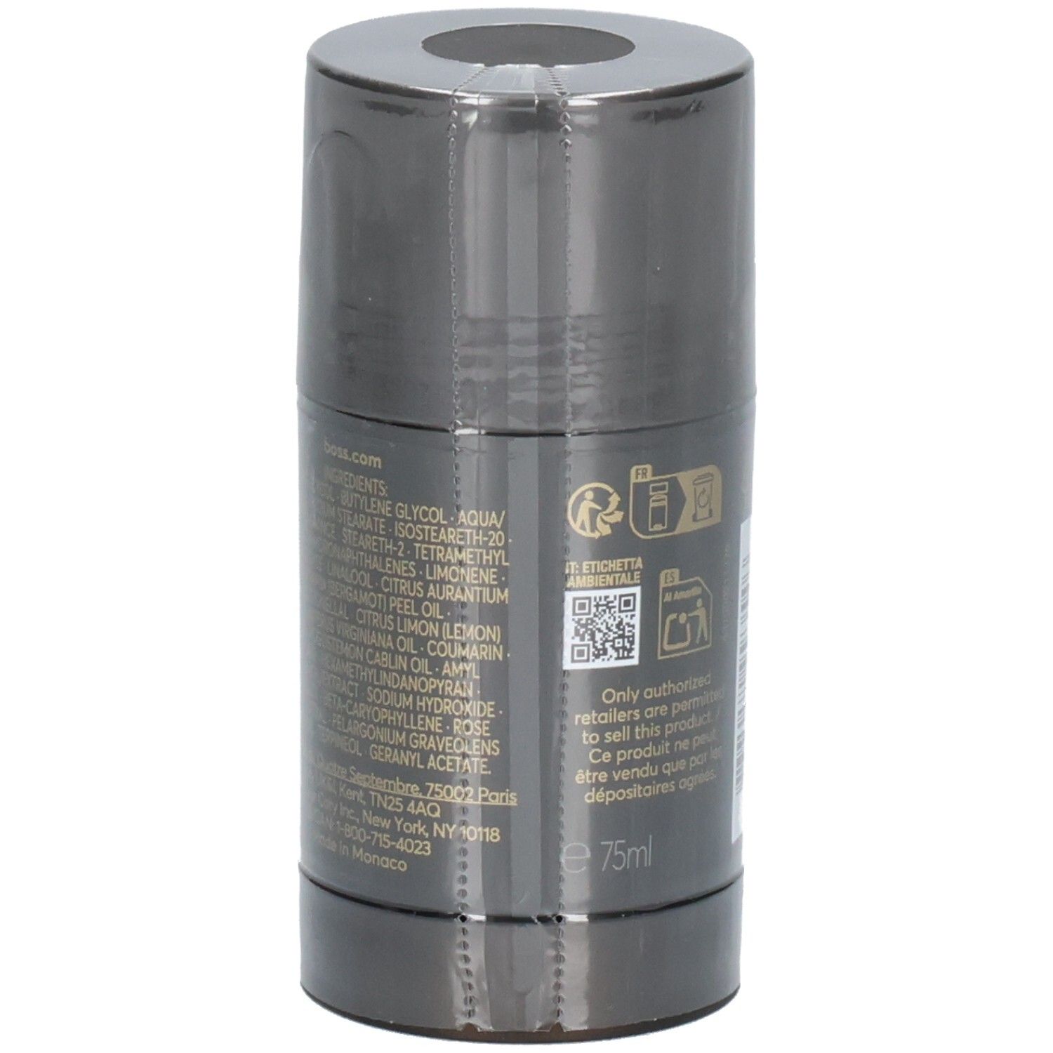 Côté du déodorant stick Hugo Boss The Scent avec ingrédients et indication 75ml.