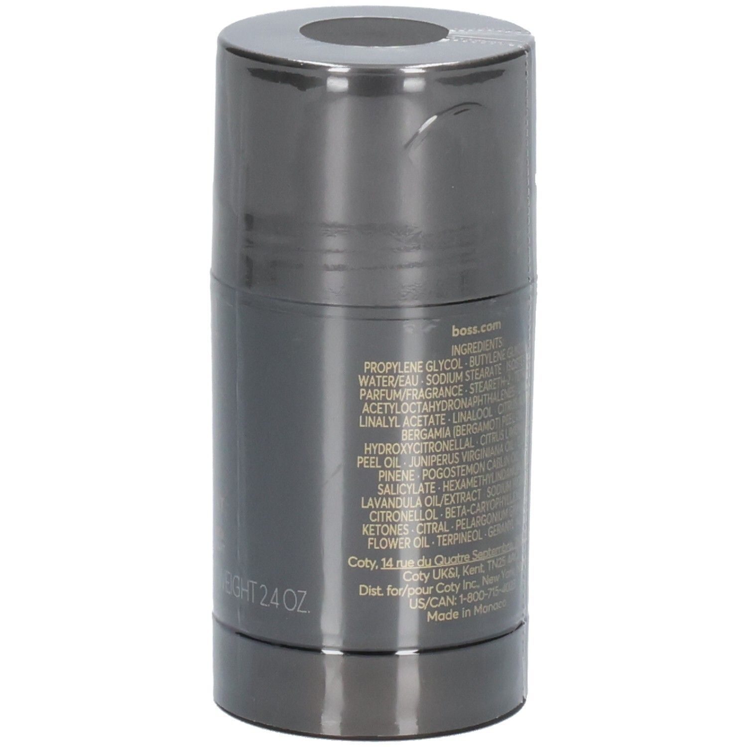 Côté du déodorant stick Hugo Boss The Scent avec liste d'ingrédients et boss.com.