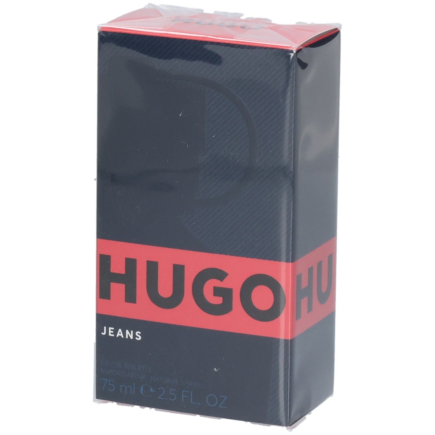 Boîte Hugo Jeans Eau de Toilette, bleu foncé avec bande rouge et inscription.
