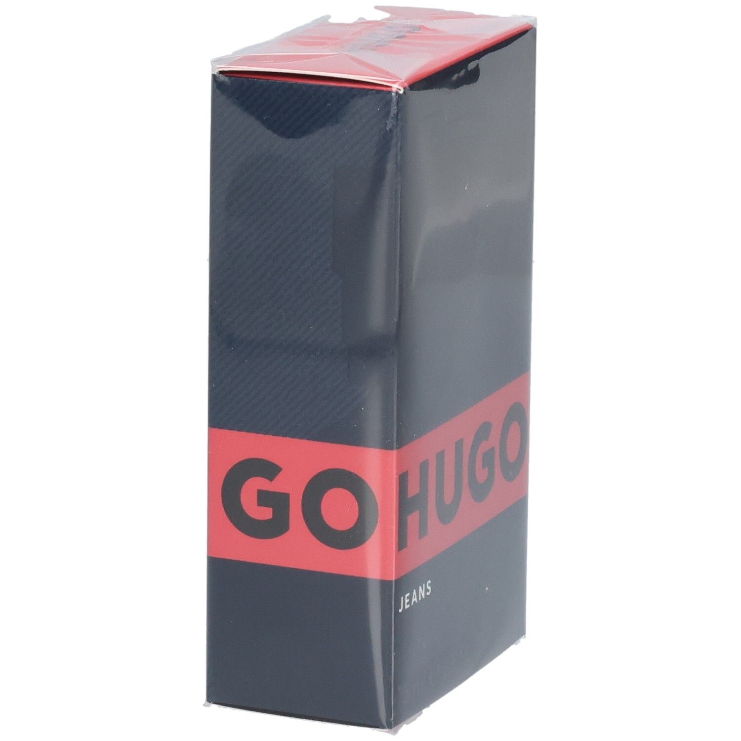 Boîte Hugo Jeans Eau de Toilette, vue latérale avec bande rouge et inscription.