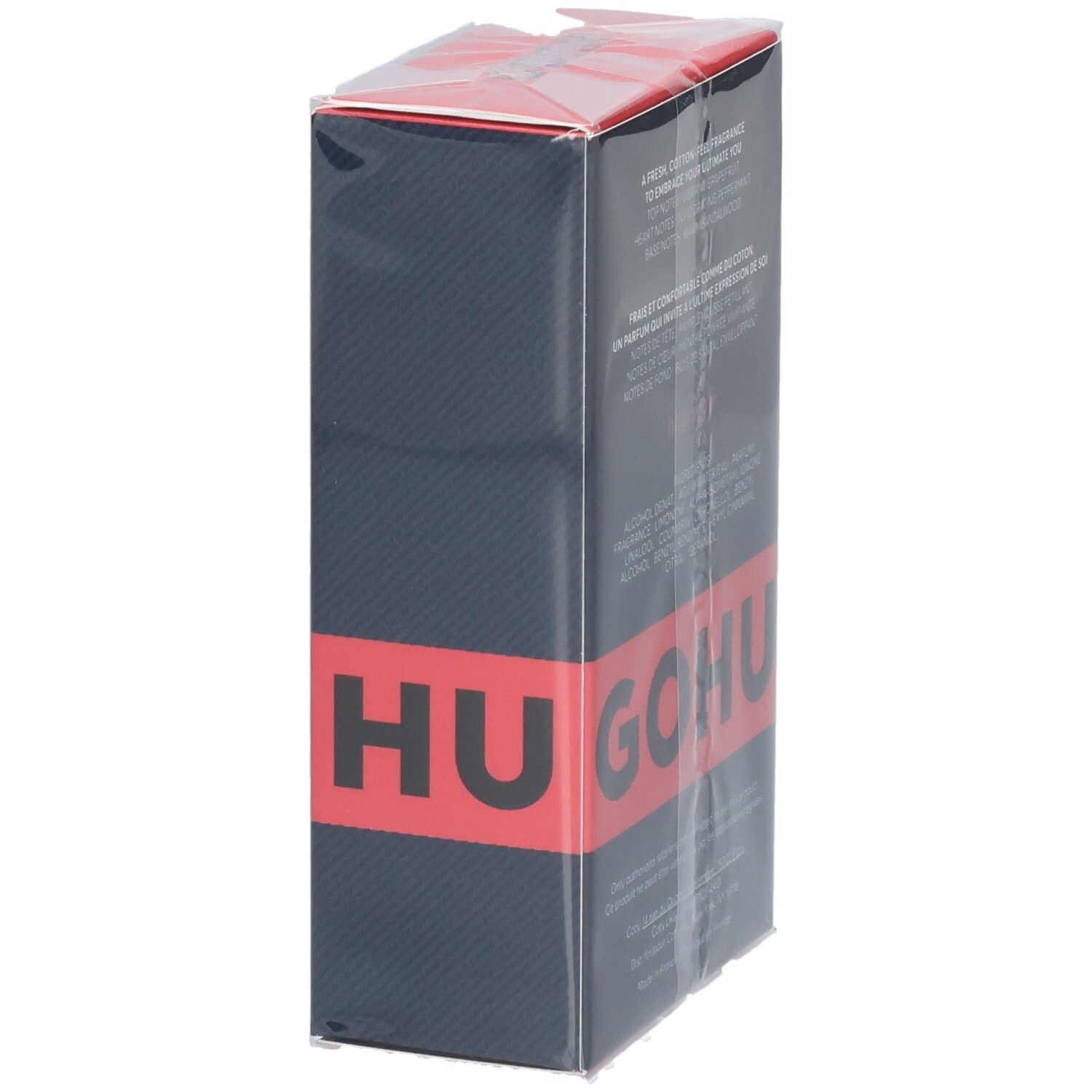 Boîte Hugo Jeans Eau de Toilette, vue arrière oblique avec bande rouge.