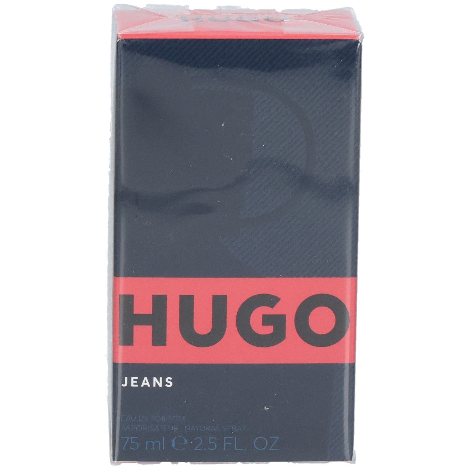 Face avant de l'emballage Hugo Jeans Eau de Toilette, bleu foncé avec bande rouge.
