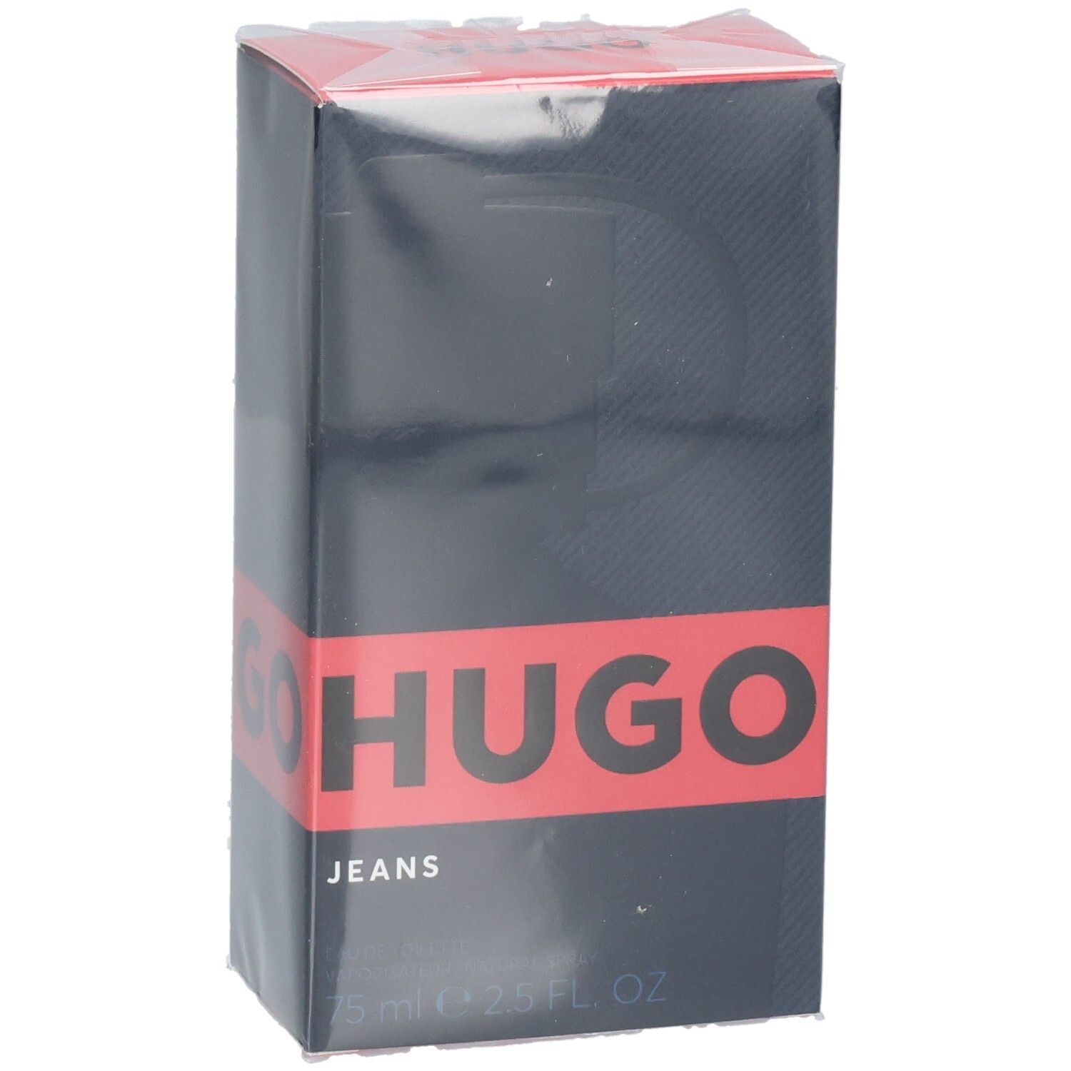 Emballage Hugo Jeans Eau de Toilette, vue de trois quarts avant avec bande rouge.